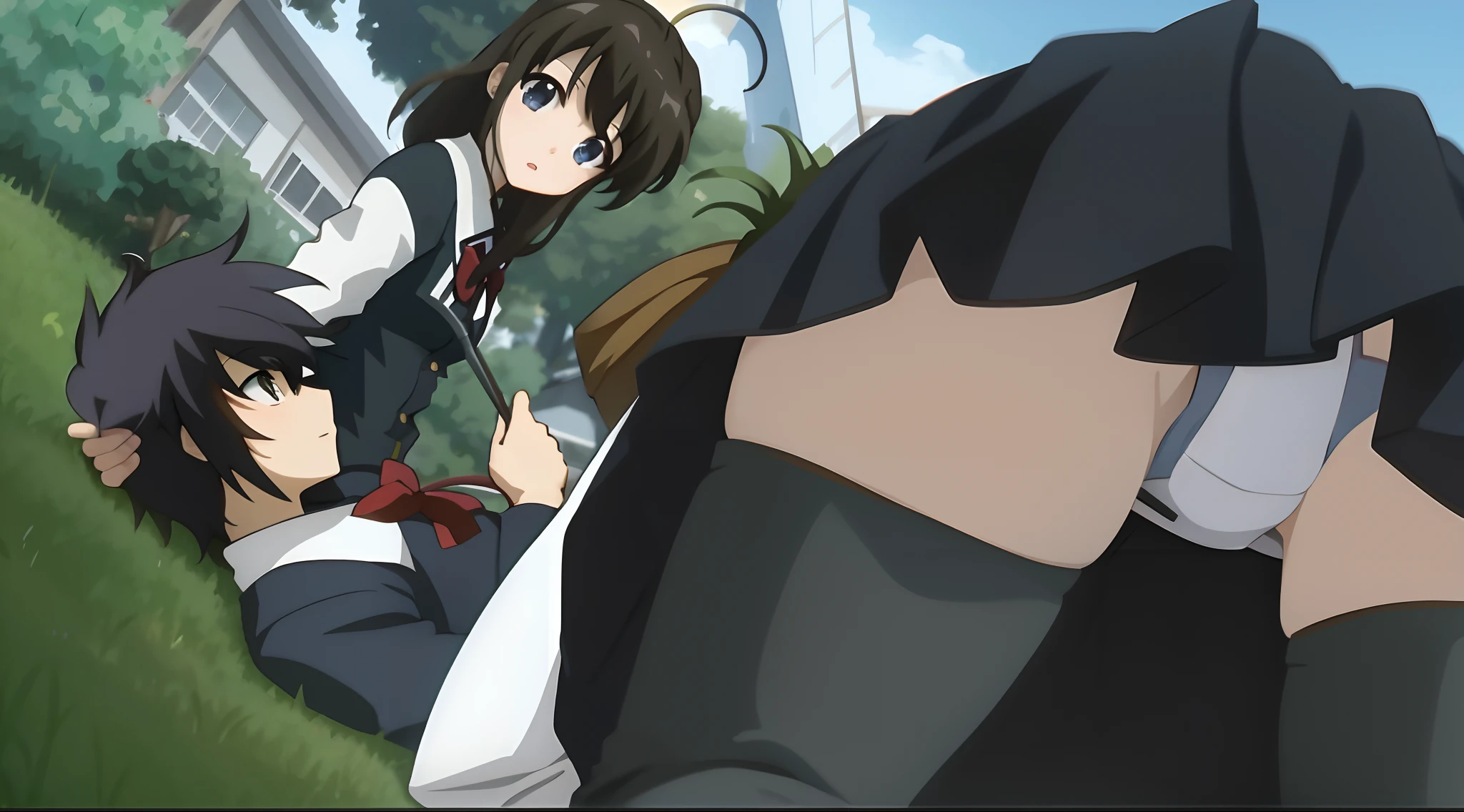 personagens de anime em um campo com uma casa ao fundo, Close Up Iwakura Lain, Close up de Lain Iwakura, screencap anime, Haruhi Suzumiya, captura de tela do anime, the anime girl is crouching, Close up de Iwakura Lain, Jantar de anime, Iwakura Lain, Ainda de anime de TV, ainda de anime, anime ainda frame