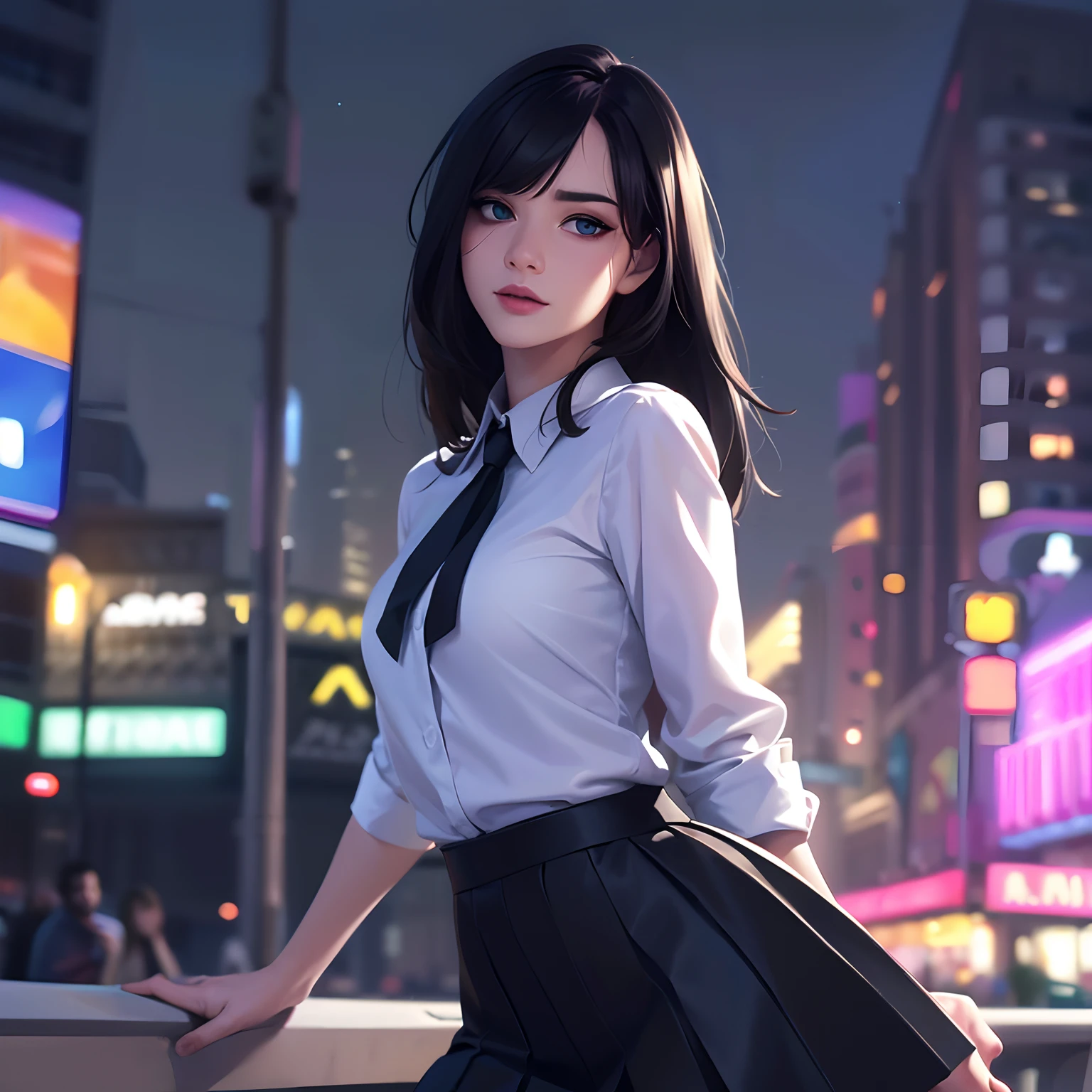 ((Realistic lighting, Best quality, 8K, Masterpiece: 1.3)), Focus: 1.2, 1girl, Perfect Figure: 1.4, Slim Abs: 1.1, ((straight black hair)), (white shirt: 1.4), black skirt, (Outdoor, Night: 1.1), city streets, neon lights, Super fine face, Fine eyes, emerald eyes, Double eyelids, absurdres