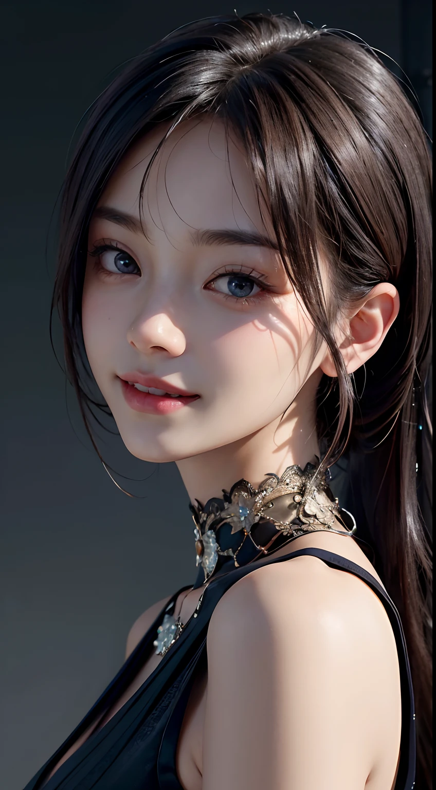 Masterpiece, 1 Beautiful Girl, Detailed, Swollen Eyes, Top Quality, Ultra High Resolution, (Reality: 1.4), Original Photo, 1Girl, Cinematic Lighting, Smiling, Japanese, Asian Beauty, Korean, Clean, Super Beautiful,  Young Face, Beautiful Skin, Slender, Cyberpunk Background, (ultra realistic), (high resolution), (8K), (very detailed), (best illustration), (beautifully detailed eyes), (super detailed), (wallpaper), (detailed face), viewer looking, fine detail, detailed face, pureerosfaceace_v1, smiling, 46 point slanted bangs, looking straight ahead, neat clothes, dark colored eyes, clothes sleeveless, body facing front,