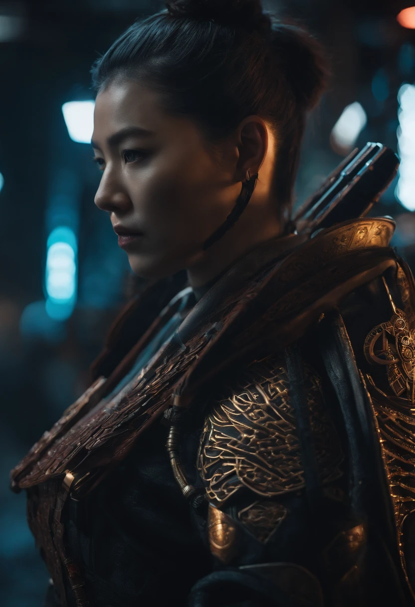Envision a cyberpunk world where a majestic samurai, adorned in futuristic armor, stands as a symbol of both tradition and advanced technology. Zoom in on micro-details to capture the intricate craftsmanship of the cyberpunk samurai's attire, blending traditional samurai elements with cutting-edge, high-tech enhancements.
Highlight the details of the cybernetic enhancements, such as neural interfaces or augmented limbs, seamlessly integrated into the samurai's physique. Emphasize the glow of cybernetic implants, creating an ethereal and captivating effect that contrasts with the dark, futuristic surroundings.
Capture the details of the futuristic armor, with sleek lines and luminescent patterns that enhance both protection and aesthetics. Pay attention to the intricate design of the samurai's cyberpunk katana, combining traditional craftsmanship with futuristic materials.
Consider the environment, filled with neon lights, holographic displays, and urban decay. Integrate these elements into the micro-details, creating a visually immersive and atmospheric cyberpunk setting that complements the majestic presence of the cyberpunk samurai.
This detailed prompt aims to inspire a highly detailed and visually striking depiction of a cyberpunk samurai, emphasizing micro-details in both the character's appearance and the futuristic urban environment.