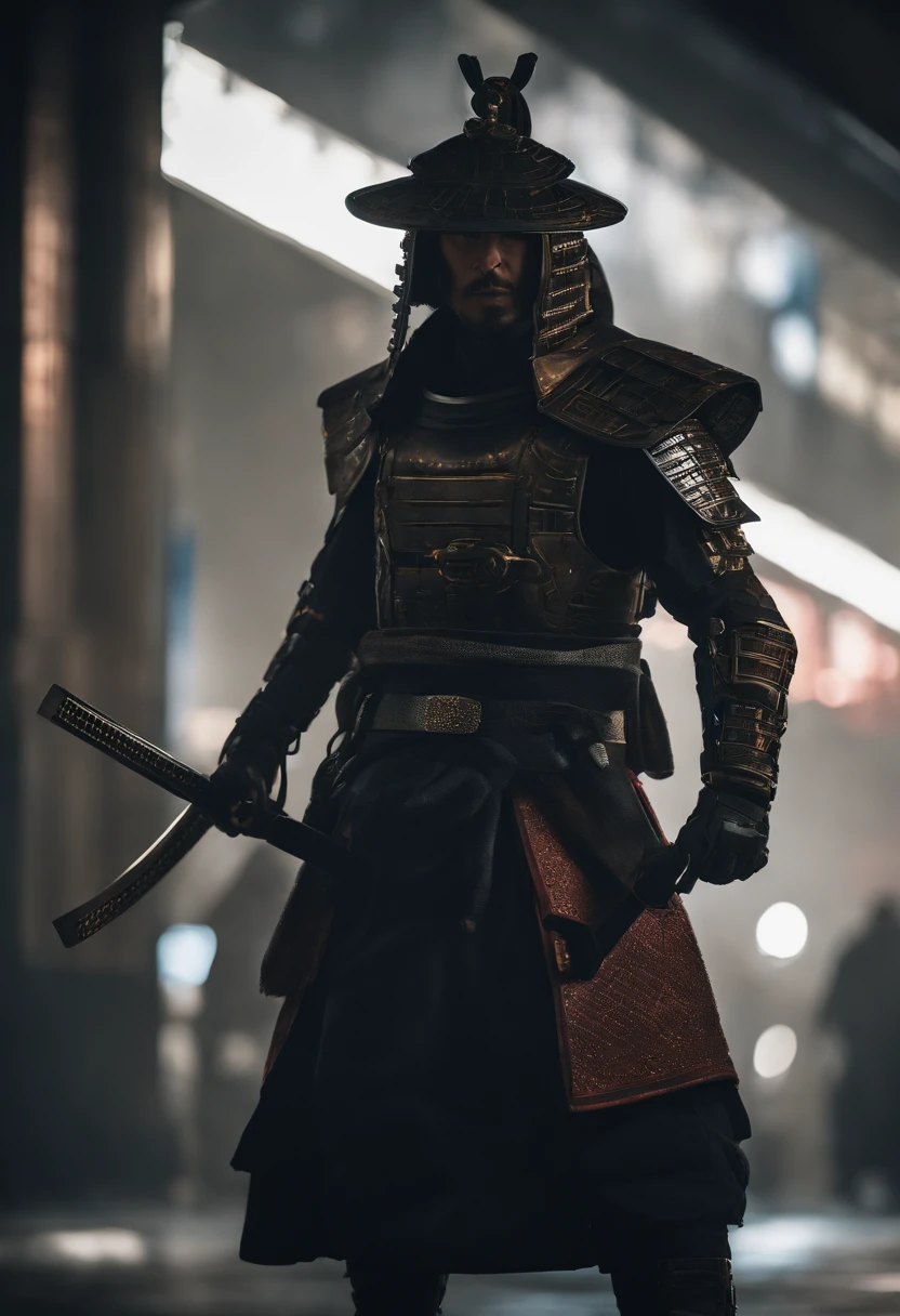 Envision a cyberpunk world where a majestic samurai, adorned in futuristic armor, stands as a symbol of both tradition and advanced technology. Zoom in on micro-details to capture the intricate craftsmanship of the cyberpunk samurai's attire, blending traditional samurai elements with cutting-edge, high-tech enhancements.

Highlight the details of the cybernetic enhancements, such as neural interfaces or augmented limbs, seamlessly integrated into the samurai's physique. Emphasize the glow of cybernetic implants, creating an ethereal and captivating effect that contrasts with the dark, futuristic surroundings.

Capture the details of the futuristic armor, with sleek lines and luminescent patterns that enhance both protection and aesthetics. Pay attention to the intricate design of the samurai's cyberpunk katana, combining traditional craftsmanship with futuristic materials.

Consider the environment, filled with neon lights, holographic displays, and urban decay. Integrate these elements into the micro-details, creating a visually immersive and atmospheric cyberpunk setting that complements the majestic presence of the cyberpunk samurai.

This detailed prompt aims to inspire a highly detailed and visually striking depiction of a cyberpunk samurai, emphasizing micro-details in both the character's appearance and the futuristic urban environment.
