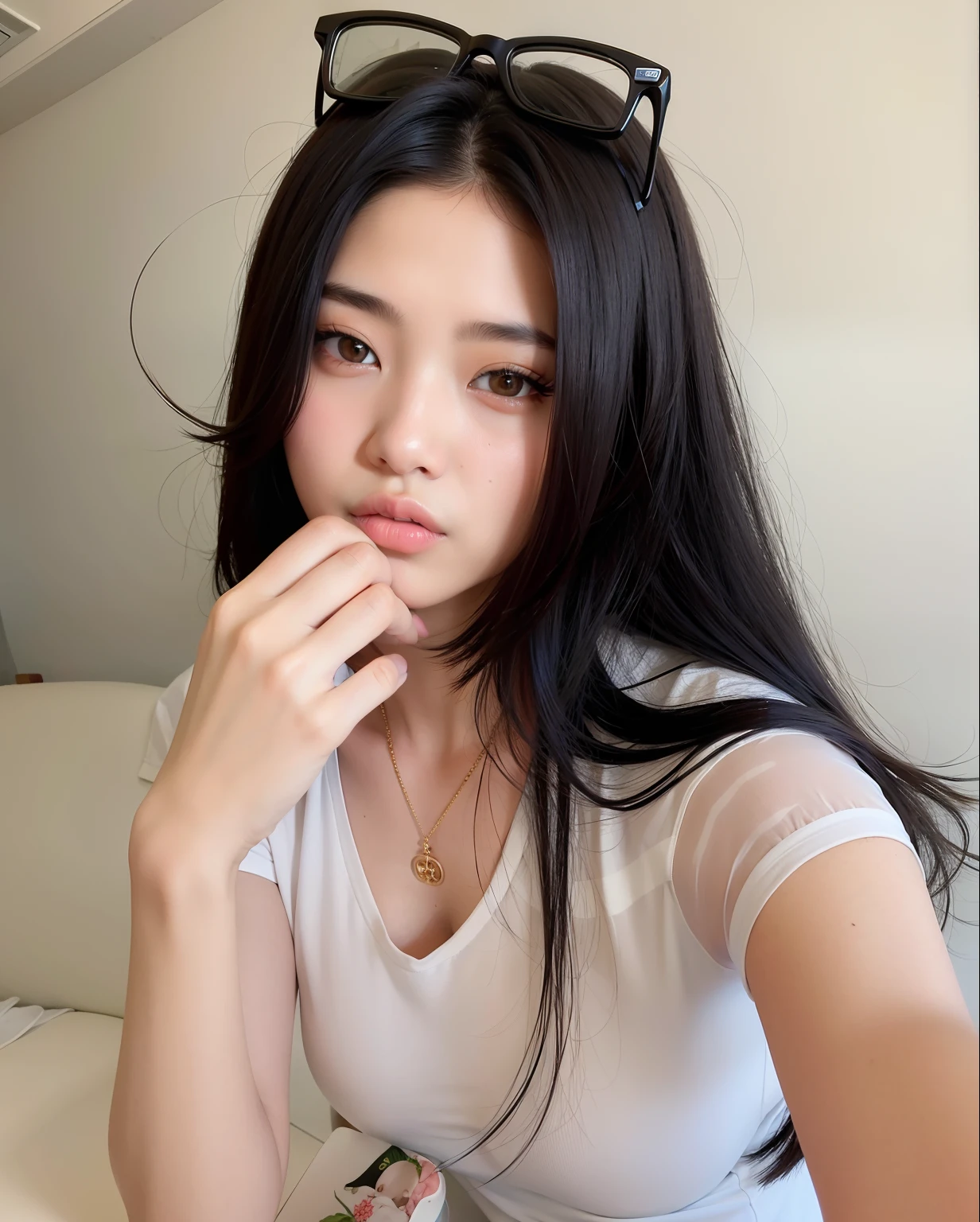 Araffe Mujer de pelo largo y negro con gafas de sol y camisa blanca, 18 years old, Hermosa mujer surcoreana, beautiful asian girl, Hermosa joven coreana, an asian woman, a young asian woman, Hermosa modelo china, Modelo de Instagram, Asian girl with long hair, Xision Wu, Chica china, beautiful Asian woman, cara extremadamente hermosa, Chica coreana