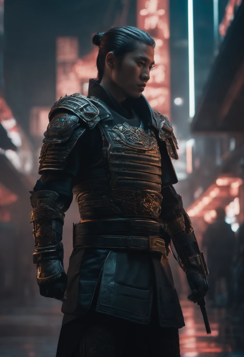 Envision a cyberpunk world where a majestic samurai, adorned in futuristic armor, stands as a symbol of both tradition and advanced technology. Zoom in on micro-details to capture the intricate craftsmanship of the cyberpunk samurai's attire, blending traditional samurai elements with cutting-edge, high-tech enhancements.
Highlight the details of the cybernetic enhancements, such as neural interfaces or augmented limbs, seamlessly integrated into the samurai's physique. Emphasize the glow of cybernetic implants, creating an ethereal and captivating effect that contrasts with the dark, futuristic surroundings.
Capture the details of the futuristic armor, with sleek lines and luminescent patterns that enhance both protection and aesthetics. Pay attention to the intricate design of the samurai's cyberpunk katana, combining traditional craftsmanship with futuristic materials.
Consider the environment, filled with neon lights, holographic displays, and urban decay. Integrate these elements into the micro-details, creating a visually immersive and atmospheric cyberpunk setting that complements the majestic presence of the cyberpunk samurai.
This detailed prompt aims to inspire a highly detailed and visually striking depiction of a cyberpunk samurai, emphasizing micro-details in both the character's appearance and the futuristic urban environment.