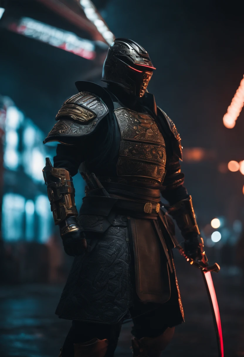 Envision a cyberpunk world where a majestic samurai, adorned in futuristic armor, stands as a symbol of both tradition and advanced technology. Zoom in on micro-details to capture the intricate craftsmanship of the cyberpunk samurai's attire, blending traditional samurai elements with cutting-edge, high-tech enhancements.
Highlight the details of the cybernetic enhancements, such as neural interfaces or augmented limbs, seamlessly integrated into the samurai's physique. Emphasize the glow of cybernetic implants, creating an ethereal and captivating effect that contrasts with the dark, futuristic surroundings.
Capture the details of the futuristic armor, with sleek lines and luminescent patterns that enhance both protection and aesthetics. Pay attention to the intricate design of the samurai's cyberpunk katana, combining traditional craftsmanship with futuristic materials.
Consider the environment, filled with neon lights, holographic displays, and urban decay. Integrate these elements into the micro-details, creating a visually immersive and atmospheric cyberpunk setting that complements the majestic presence of the cyberpunk samurai.
This detailed prompt aims to inspire a highly detailed and visually striking depiction of a cyberpunk samurai, emphasizing micro-details in both the character's appearance and the futuristic urban environment.