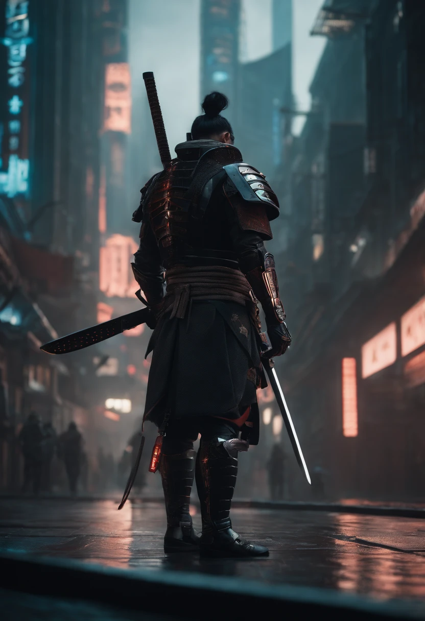 Envision a cyberpunk world where a majestic samurai, adorned in futuristic armor, stands as a symbol of both tradition and advanced technology. Zoom in on micro-details to capture the intricate craftsmanship of the cyberpunk samurai's attire, blending traditional samurai elements with cutting-edge, high-tech enhancements.

Highlight the details of the cybernetic enhancements, such as neural interfaces or augmented limbs, seamlessly integrated into the samurai's physique. Emphasize the glow of cybernetic implants, creating an ethereal and captivating effect that contrasts with the dark, futuristic surroundings.

Capture the details of the futuristic armor, with sleek lines and luminescent patterns that enhance both protection and aesthetics. Pay attention to the intricate design of the samurai's cyberpunk katana, combining traditional craftsmanship with futuristic materials.

Consider the environment, filled with neon lights, holographic displays, and urban decay. Integrate these elements into the micro-details, creating a visually immersive and atmospheric cyberpunk setting that complements the majestic presence of the cyberpunk samurai.

This detailed prompt aims to inspire a highly detailed and visually striking depiction of a cyberpunk samurai, emphasizing micro-details in both the character's appearance and the futuristic urban environment.