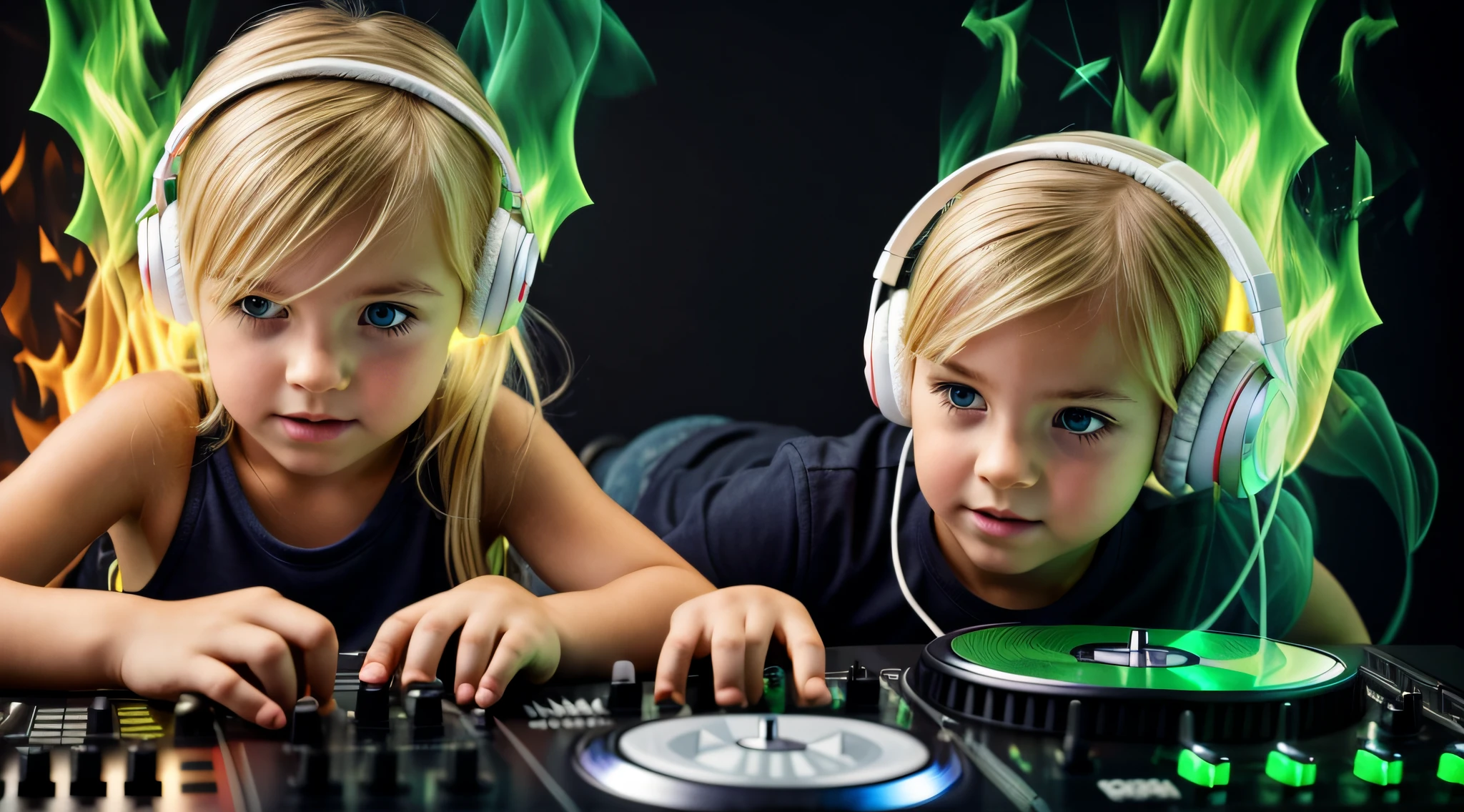 Image of a CHILD BLONDE girl with headphones playing music, Atom and Evil, DJ, fire and GREEN FIRE , FLAMME, BURN , FOGO, GREEN, VERDE.