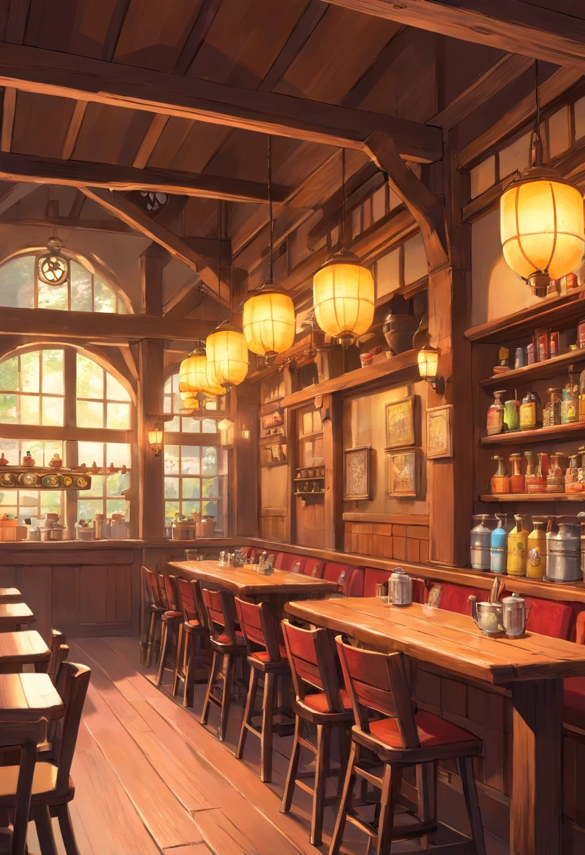 Cafe, interior background art, a tavern, game art, in cafe, (a low angle shot), ((a dutch angle shot)), close_up shot, table,