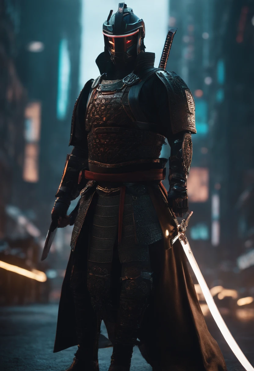 Envision a cyberpunk world where a majestic samurai, adorned in futuristic armor, stands as a symbol of both tradition and advanced technology. Zoom in on micro-details to capture the intricate craftsmanship of the cyberpunk samurai's attire, blending traditional samurai elements with cutting-edge, high-tech enhancements.

Highlight the details of the cybernetic enhancements, such as neural interfaces or augmented limbs, seamlessly integrated into the samurai's physique. Emphasize the glow of cybernetic implants, creating an ethereal and captivating effect that contrasts with the dark, futuristic surroundings.

Capture the details of the futuristic armor, with sleek lines and luminescent patterns that enhance both protection and aesthetics. Pay attention to the intricate design of the samurai's cyberpunk katana, combining traditional craftsmanship with futuristic materials.

Consider the environment, filled with neon lights, holographic displays, and urban decay. Integrate these elements into the micro-details, creating a visually immersive and atmospheric cyberpunk setting that complements the majestic presence of the cyberpunk samurai.

This detailed prompt aims to inspire a highly detailed and visually striking depiction of a cyberpunk samurai, emphasizing micro-details in both the character's appearance and the futuristic urban environment.