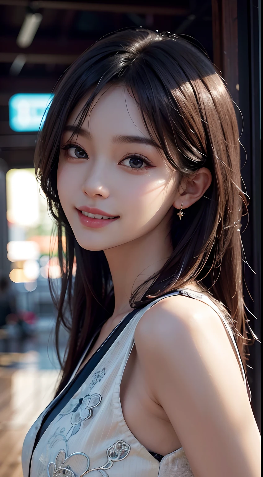 Masterpiece, 1 Beautiful Girl, Detailed, Swollen Eyes, Top Quality, Ultra High Resolution, (Reality: 1.4), Original Photo, 1Girl, Cinematic Lighting, Smiling, Japanese, Asian Beauty, Korean, Clean, Super Beautiful, Little Young Face, Beautiful Skin, Slender, Cyberpunk Background, (ultra realistic), (high resolution), (8K), (very detailed), (best illustration), (beautifully detailed eyes), (super detailed), (wallpaper), (detailed face), viewer looking, fine detail, detailed face, pureerosfaceace_v1, smiling, 46 point slanted bangs, looking straight ahead, neat clothes, dark colored eyes, clothes sleeveless, body facing front,