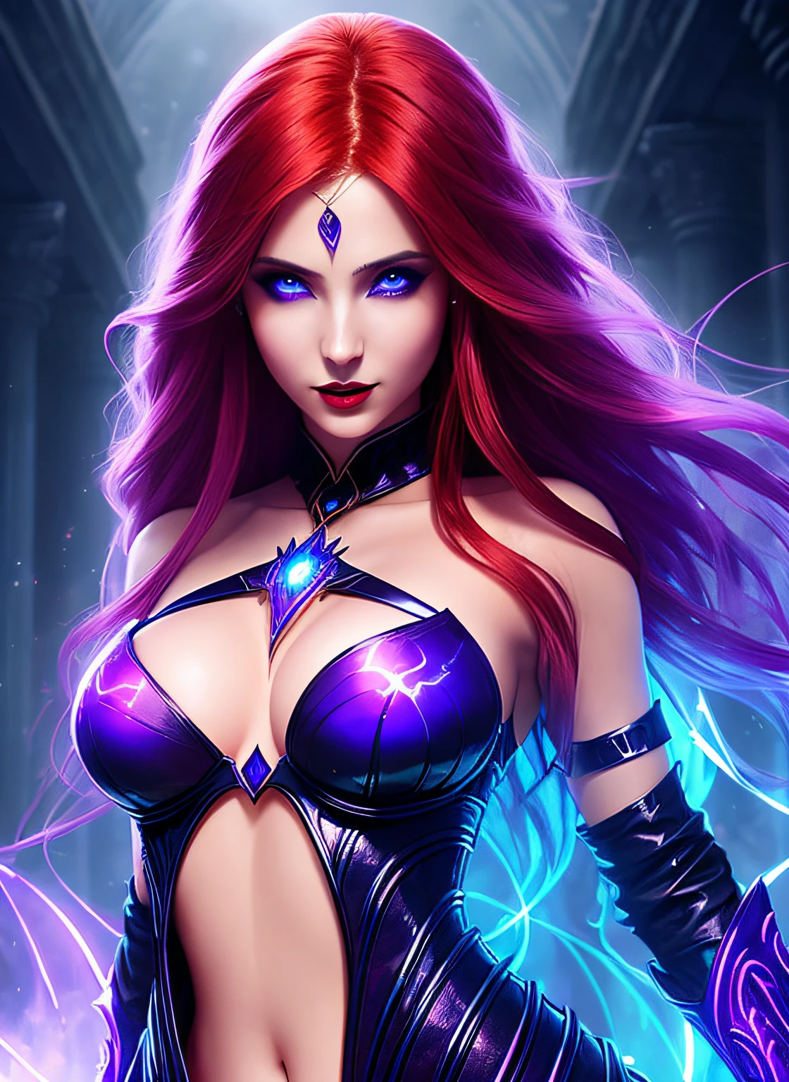 Powerful sorceress posing for an extreme close up, enchantress in glowing dress (bare shoulders), hourglass figure, curvy, cleavage, long flowing red hair, lush red lips, wanting a kiss, facing viewer, looking at viewer, enticing viewer with magic, highly detailed face, alluring blue eyes, real, symmetrical, high detail, best quality, astral body, chaos atmosphere, dark fantasy, Artgerm, 1female, bioluminescent magic elements, clothes, 8k purple magic