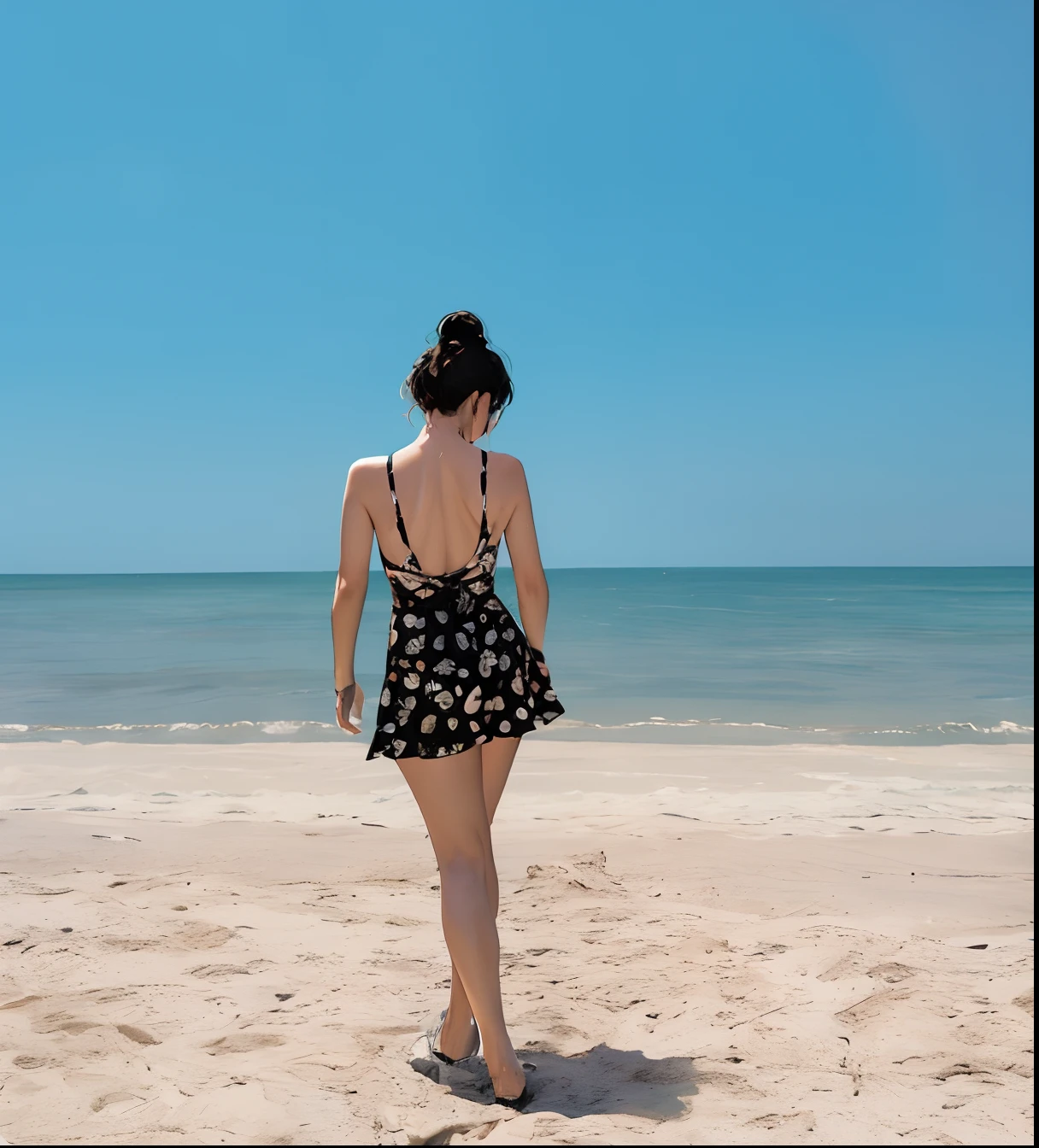 There is a woman standing on the beach looking out over the ocean, en la playa, De pie en la playa, is wearing a swimsuit, posing on a beach with the ocean, en el mar, wearing two - piece swimsuit, tumblr, Lower angle, the ocean in the background, Contrapartida, Vista posterior, Chica en la playa, looking at the ocean