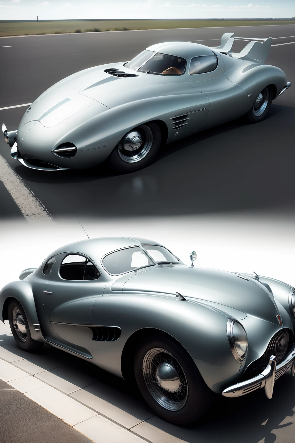 Aerodynamic futuristic concept car, retro 1940s style