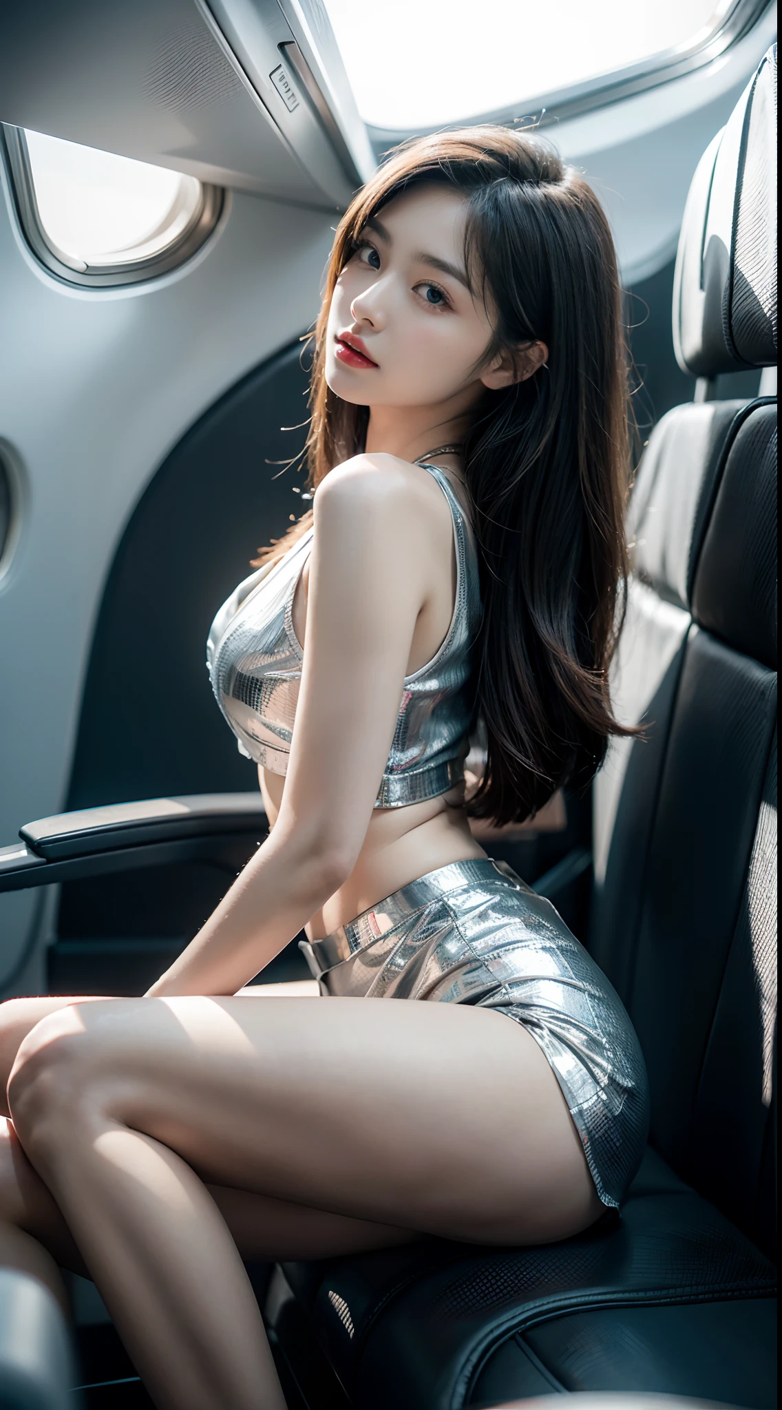 8K, Masterpiece, Raw foto, Best Quality, Photorealistic, 8K integrated with very detailed CG, 8K, diamonds, & Wallpapers, Depth of field, Cinematic light, lens flares, Ray traching, (extremely beautiful face, beautiful lips, beautidful eyes), Intricate detail face, ((ultra detail skin)) 1girll, Dark In, Deep Shadow, Pretty Korean Girl, kpop-idol, Photograph of sexy woman sitting in airplane seat，Wearing a white flight attendant uniform，A skirt that hugs the buttocks，(Very slender and slender muscular body:1.3), （Flesh-colored Pantyhose：1.3），Lightweight, Tight-fitting flight attendant uniforms，mediuml breasts，Wide Buttocks，Slender，red lip，Pupils，（unholy：0.9），cross legs，（Textured fabrics：0.9），looking up at viewer， (pale-skin), (Big Eyes),（ssmile：0.8），Fascinated by the camera，（Metallic fabric：0.5），Very complex，（realisticlying，primitive：1.5）， Sideslit， （hazy：0.9）， Detail of the face， low quality photo， Hight Contrast， Inside the Airplane， Slender， Bow shape， （dot：0.4）
