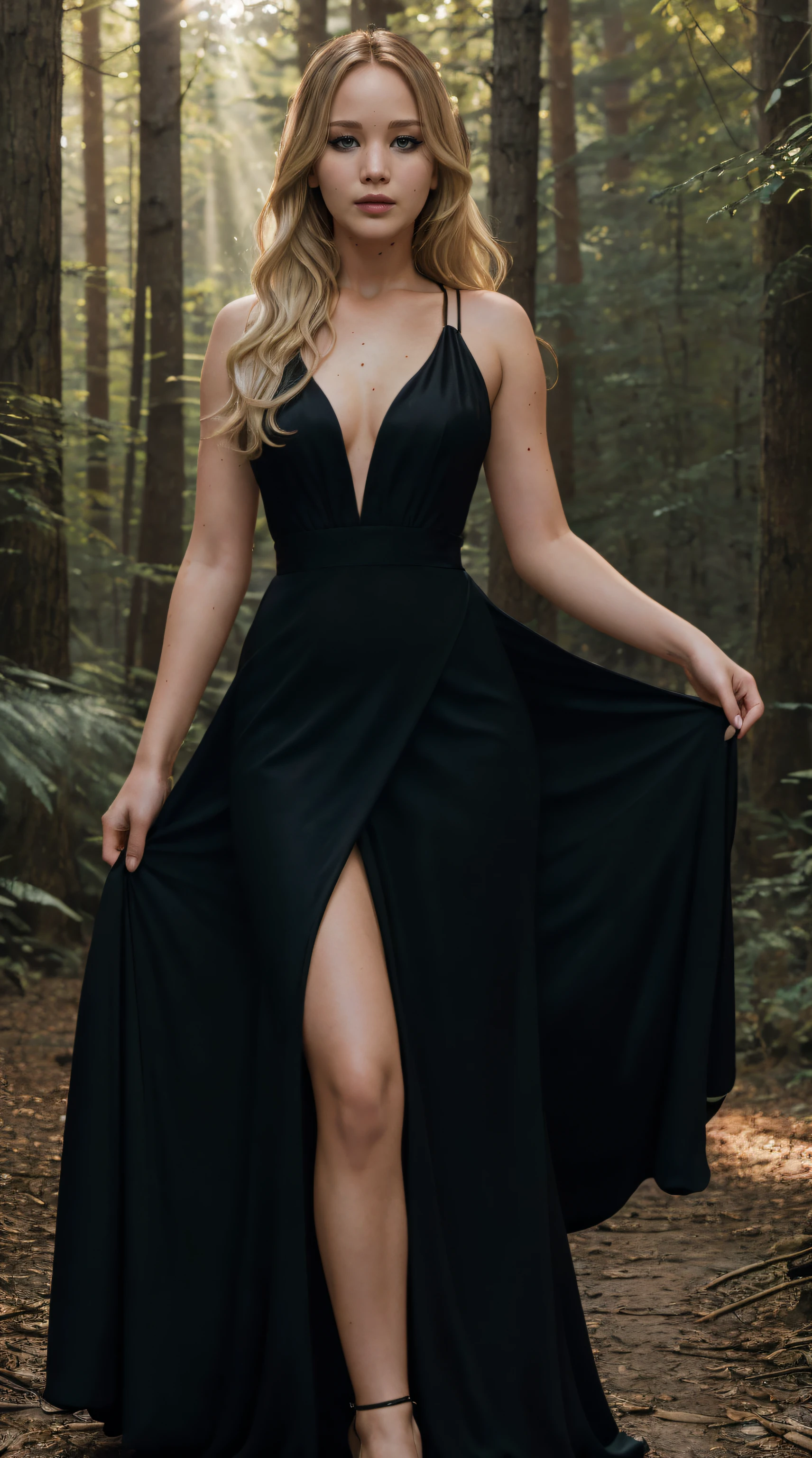 jennifer lawrence (((ornamental blonde hair))), (((perfect body))) ((( black Evening gown))), ((fotografia corpo inteiro)), ((insanely detailed face)), (((photography4k))), (Sun afternoon), (sun rays), in a paradise cabin in the forest