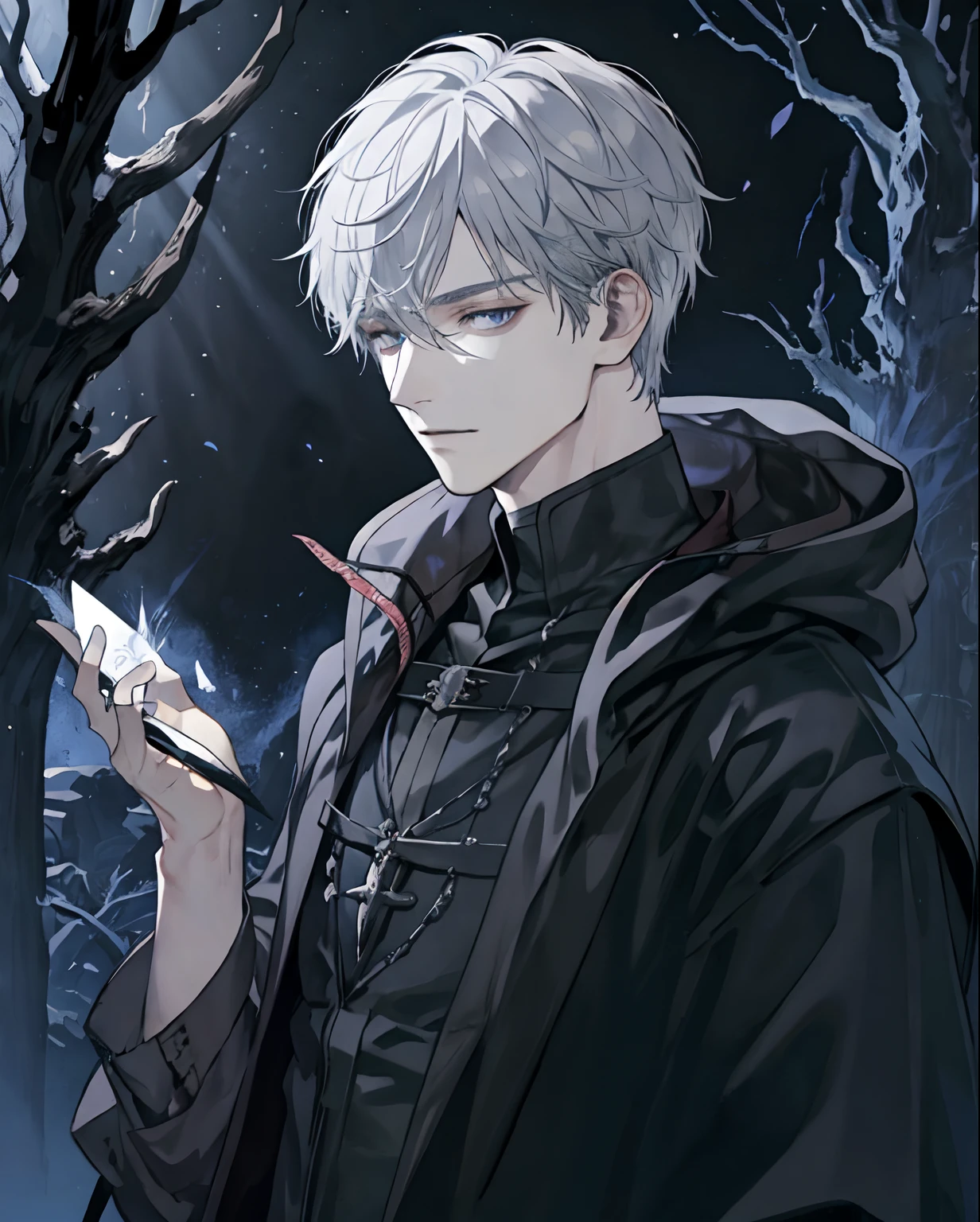 1male, medieval fantasy,, beautiful, depressed, silver hair, black eyes, detailed eyes, black cloak, (dark sorcerer, rogue mage, black magic), alone in a dark forest, medieval fantasy, close up