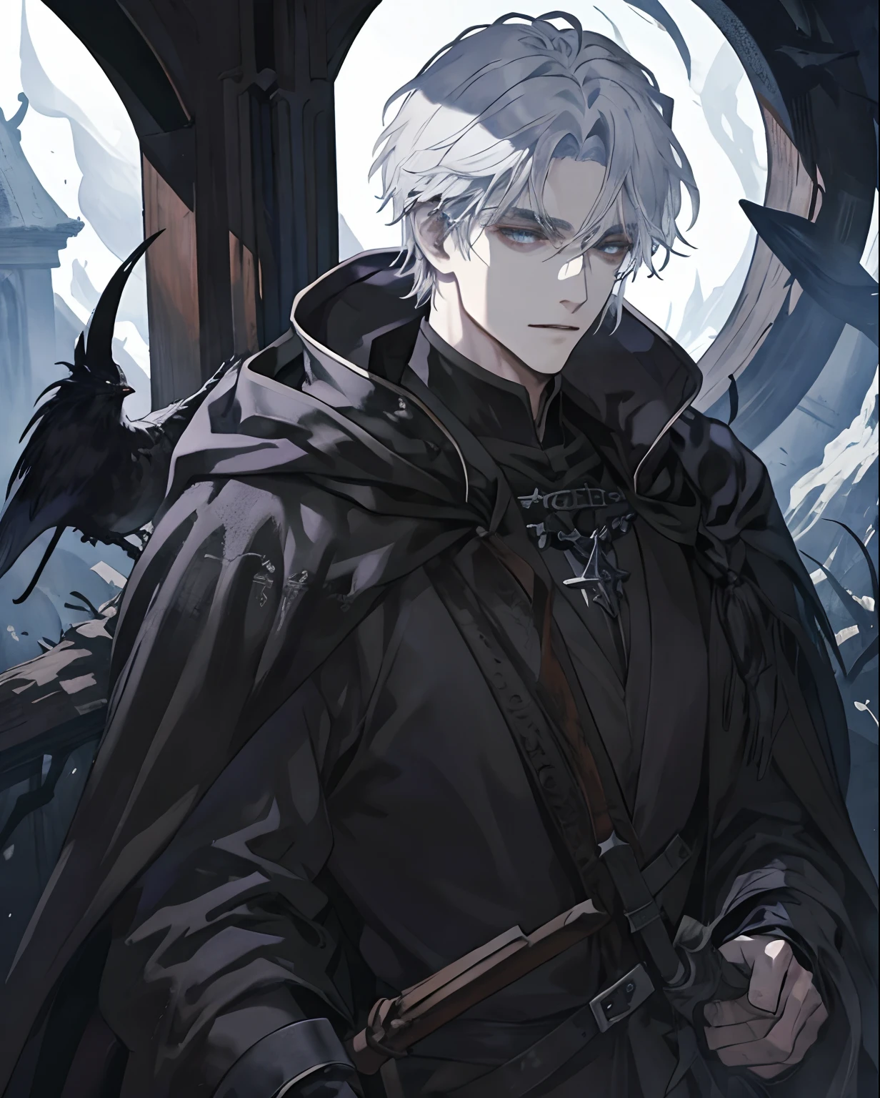 1male, medieval fantasy,, beautiful, depressed, silver hair, black eyes, detailed eyes, black cloak, (dark sorcerer, rogue mage, black magic), alone in a dark forest, medieval fantasy, close up