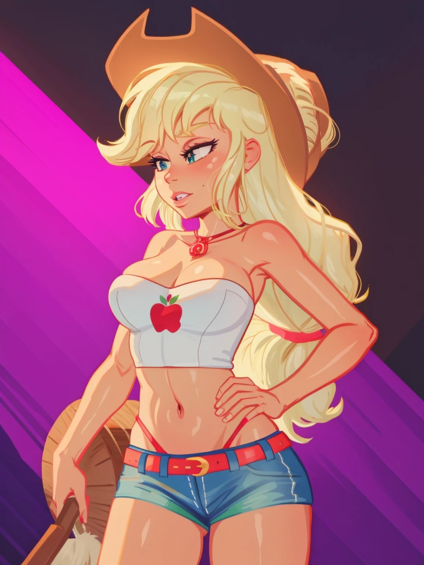 Applejack as a stripper, strip club background, low-tied long hair, cowboy hat, belt, sexy, revealing outfit
