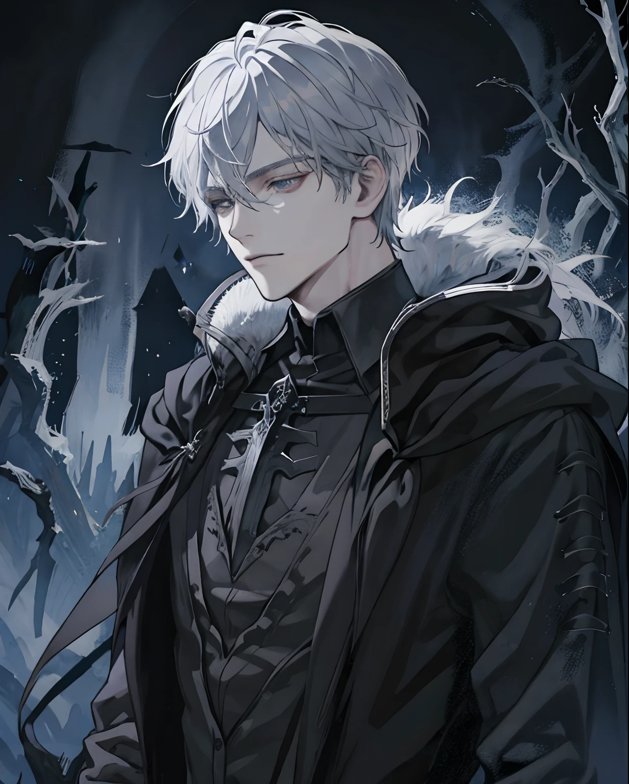 1male, medieval fantasy,, beautiful, depressed, silver hair, black eyes, detailed eyes, black cloak, (dark sorcerer, rogue mage, black magic), alone in a dark forest, medieval fantasy, close up