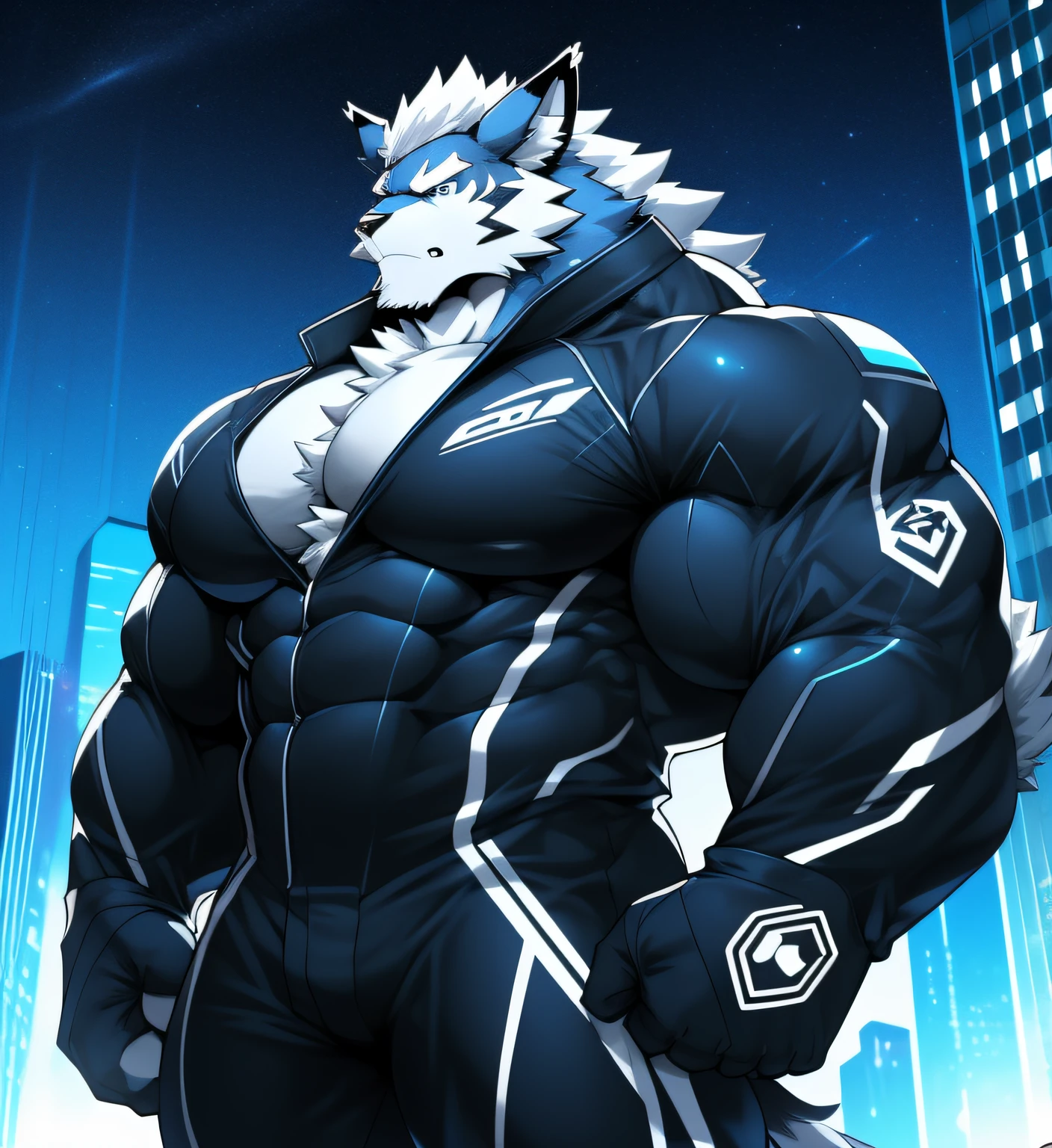 City background, skyscraper, futuristic city, night, stars, night lights, Leomon Gigachad, Superhero, hero, bodysuit, massive muscles, huge pecs, chiseled ABS, huge pecs, exaggeratedly huge muscles. A furry hero whose presence inspires trust and respect. (((His hero suit is black and white.)))