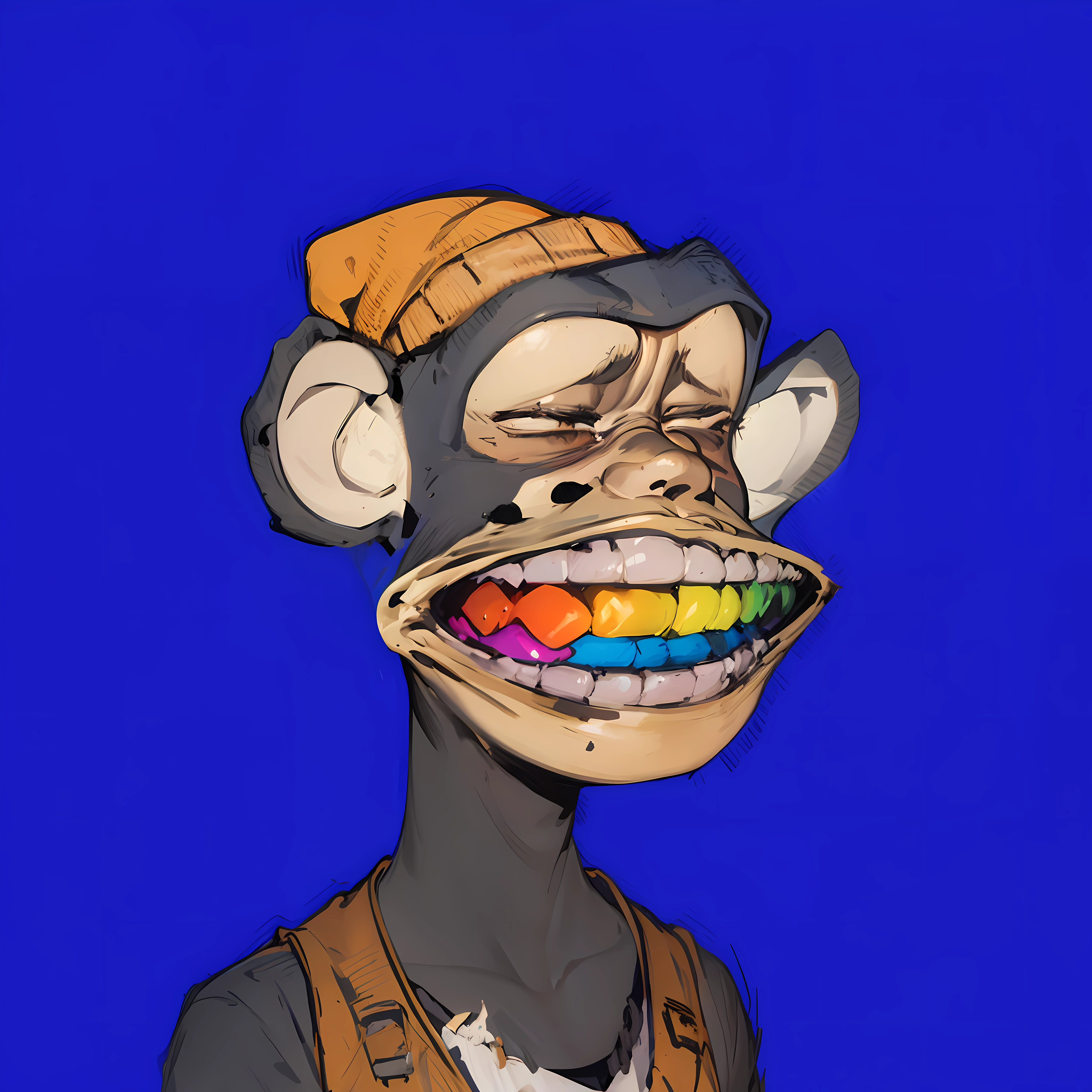 NFT Bored Ape with Rainbow Teeth, Orange Beanie, wearing a black hoodie with a hood on his head, denim jacket, absurdres, high res, ultrasharp, 8K, masterpiece