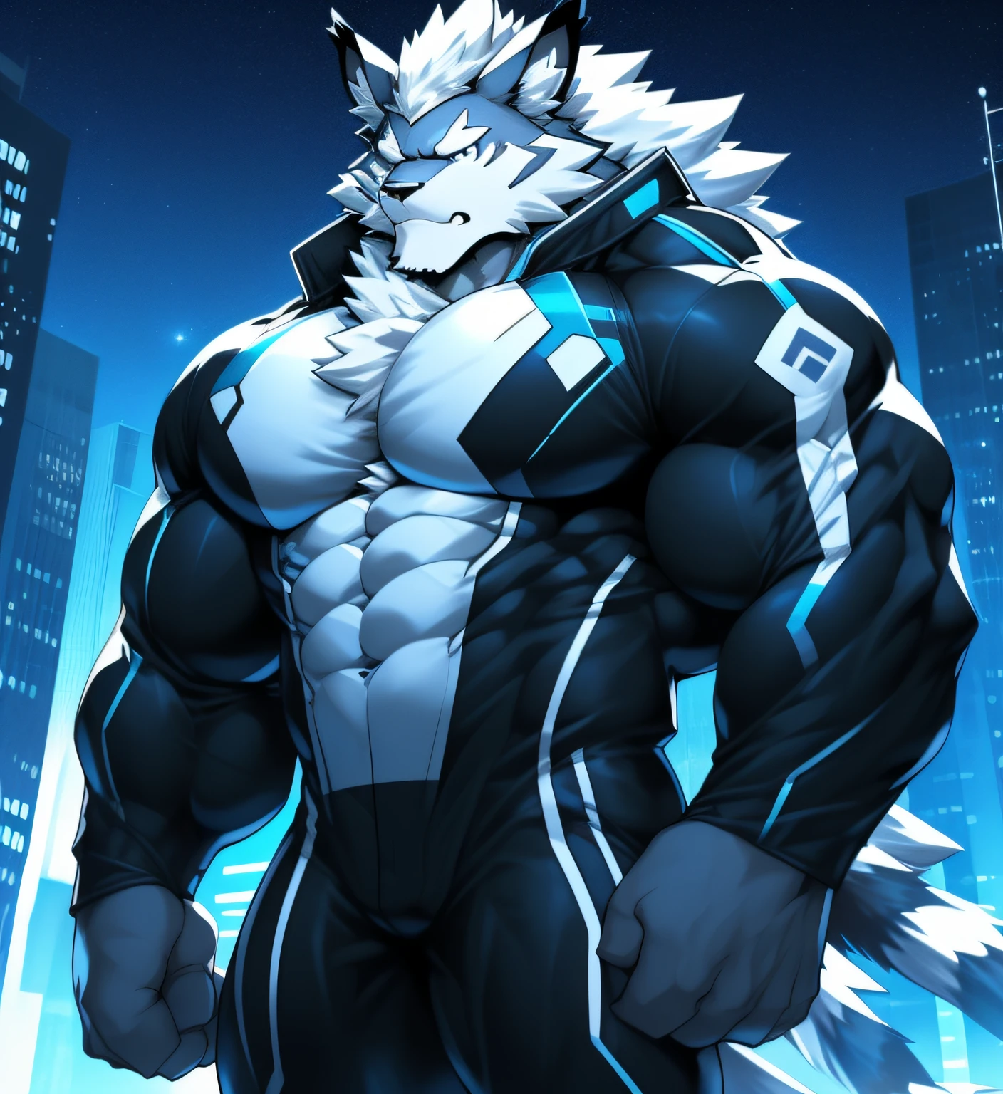 City background, skyscraper, futuristic city, night, stars, night lights, Leomon Gigachad, Superhero, hero, bodysuit, massive muscles, huge pecs, chiseled ABS, huge pecs, exaggeratedly huge muscles. A furry hero whose presence inspires trust and respect. (((His hero suit is black and white.)))