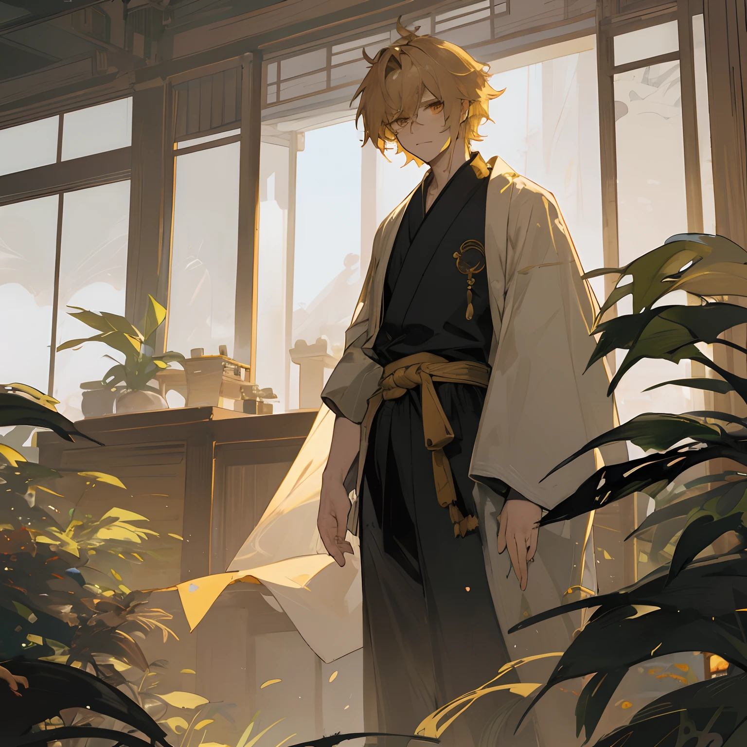 1male , Young Male , Messy Golden Hair , Golden eyes , white and Golden Haori and a black shirt underneath with black plants , standing on top of an old Japanese temple