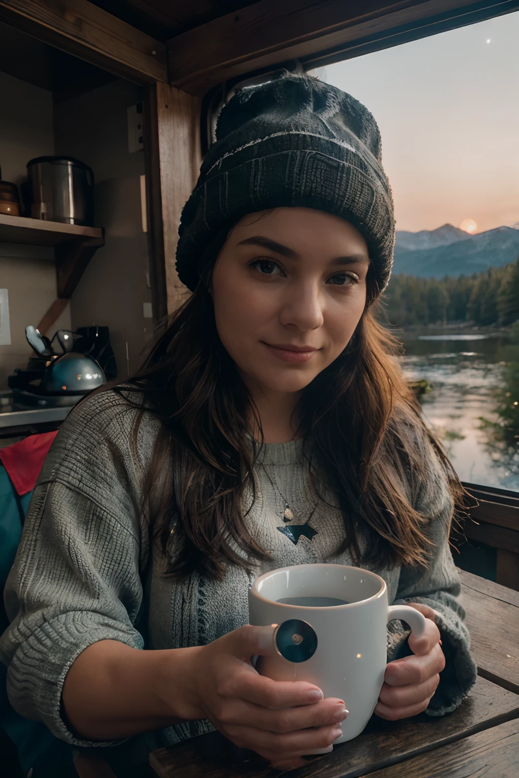 Lady holding a white printed mug, steam coming out, mug has funny photo on it, 1 woman((upper body selfie, happy)), masterpiece, best quality, ultra-detailed, cottage, camping, solo, outdoors, (night), mountains, nature, (stars, moon) cheerful, happy, backpack, sleeping bag, camping stove, water bottle, mountain boots, gloves, sweater, hat, flashlight, forest, rocks, river, wood, smoke, shadows, contrast, clear sky, analog style (look at viewer:1.2) (skin texture) (film grain:1.3), (warm hue, warm tone) :1.2), close up, cinematic light, side lighting, ultra high res, best shadow, RAW, mug has one handle,
