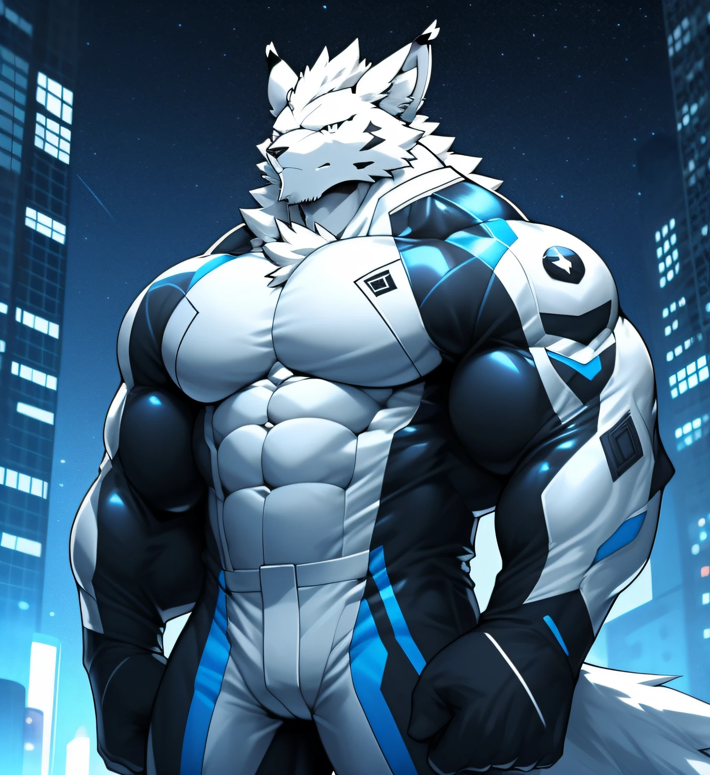 City background, skyscraper, futuristic city, night, stars, night lights, albino, Leomon albino, Gigachad, Superhero, hero, Bodysuit, massive muscles, huge pecs, chiseled ABS, huge pecs, exaggeratedly huge muscles. A albino furry hero whose presence inspires trust and respect. (((His hero suit is black and white.)))