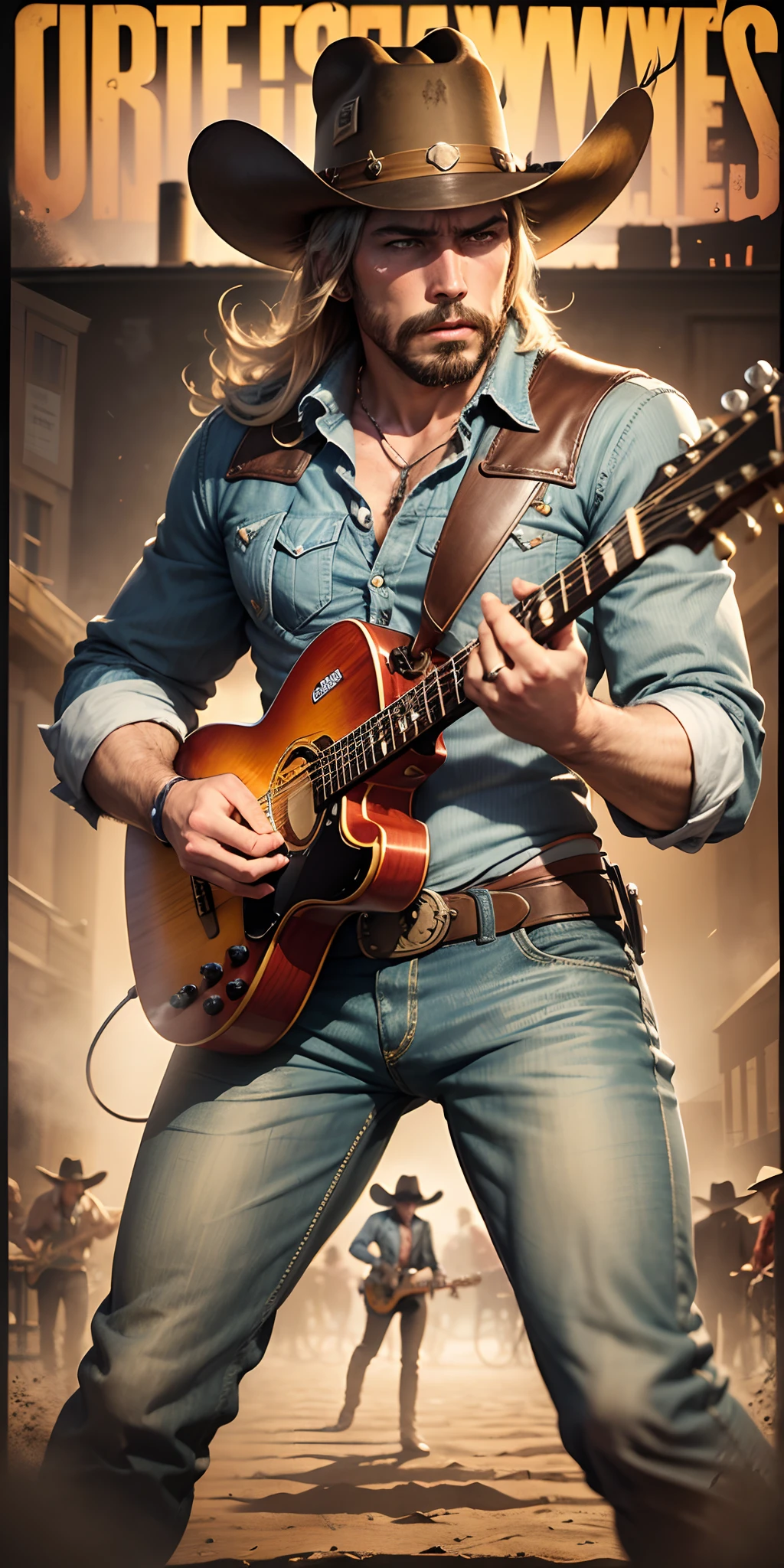 action poster for "Kevin McCree's Wild West Show Down" guitar showdown with dancing cowgirls, Saturday Night Live Music hecis a handsome blonde cowboy hero --auto --s2