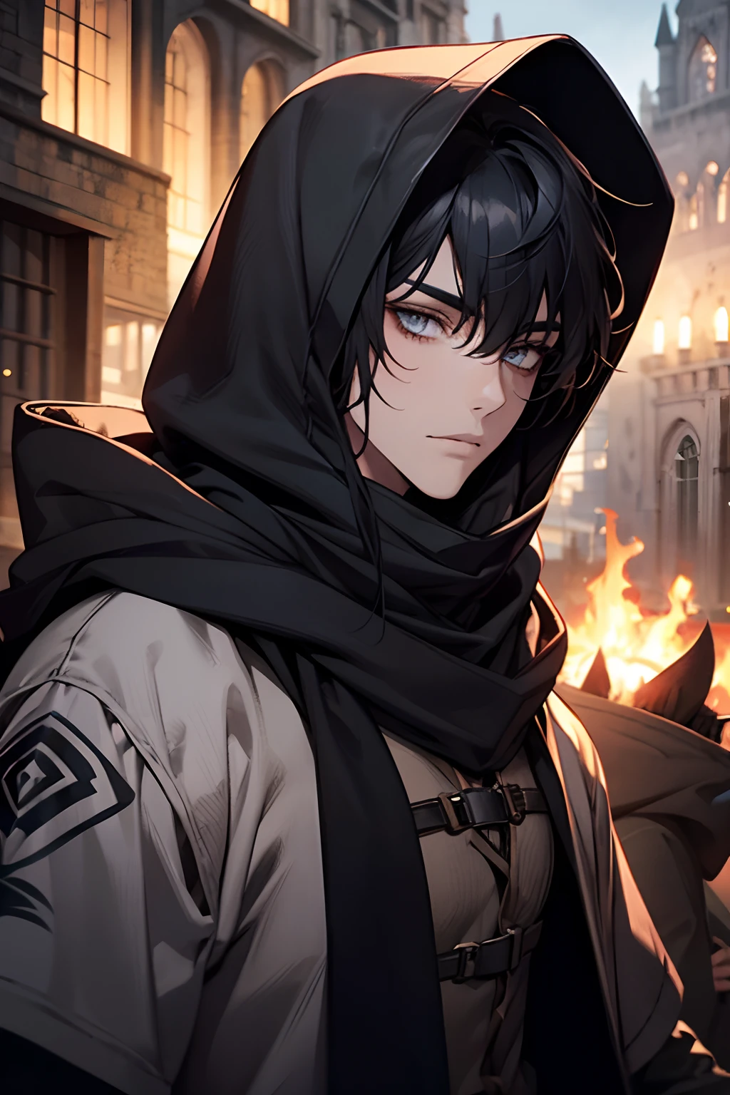 male, medium long length hair with bangs, black hair, blue-grey eyes, beautiful, black tattoos, lean body, hooded scarf, rogue mage, pyromaniac, medieval