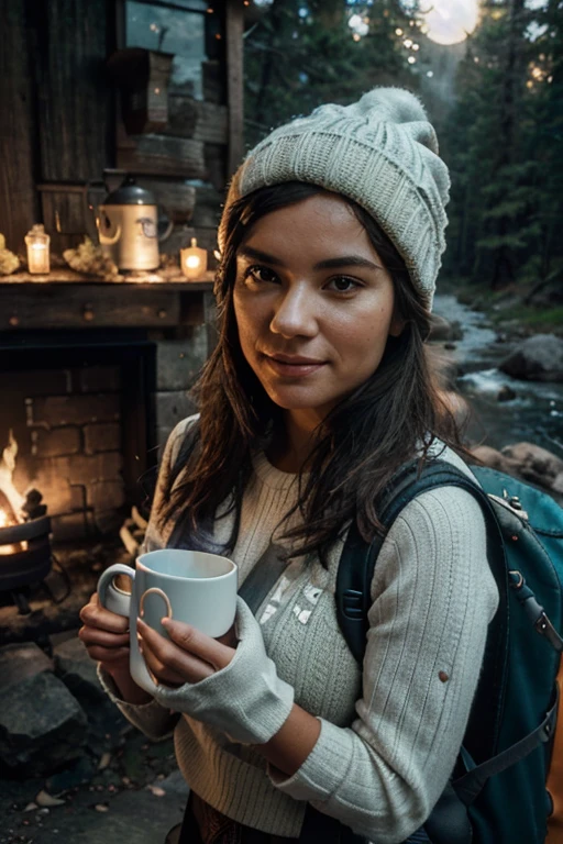Lady holding a white printed mug, steam coming out, mug has funny photo on it, 1 woman((upper body selfie, happy)), masterpiece, best quality, ultra-detailed,  cottage, camping, solo, outdoors, (night), mountains, nature, (stars, moon) cheerful, happy, backpack, sleeping bag, camping stove, water bottle, mountain boots, gloves, sweater, hat, flashlight, forest, rocks, river, wood, smoke, shadows, contrast, clear sky, analog style (look at viewer:1.2) (skin texture) (film grain:1.3), (warm hue, warm tone) :1.2), close up, cinematic light, side lighting, ultra high res, best shadow, RAW, mug has one handle,