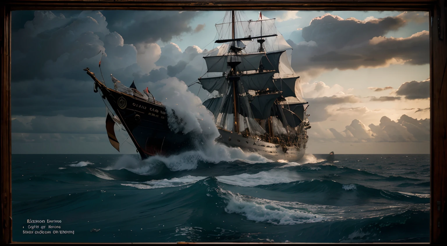 a window looking out on a rough ocean, 16th-century warship on the horizon, film style, HD 4K): highres, ultra-detailed, realistic, window, rough ocean waves, stormy sea, turbulent waters, crashing waves, foamy waves, fierce winds, 16th-century warship, distant silhouette, towering masts, billowing sails, historical vessel, dramatic lighting, cinematic atmosphere, intense colors, dramatic composition