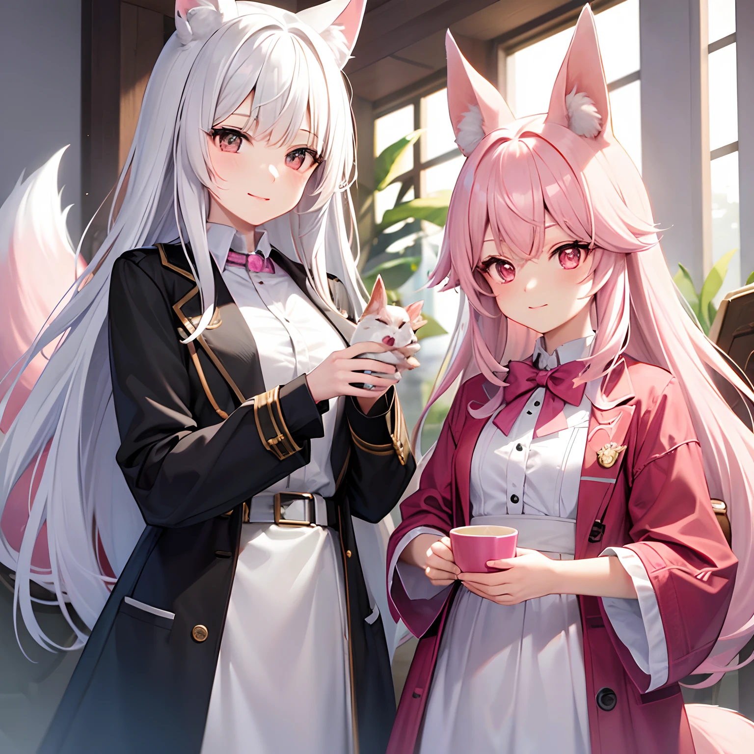 hamster-girl (pink hair) and fox-girl (white hair)