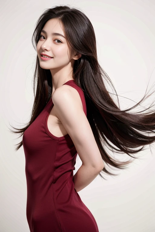 1girl in,Sleeveless burgundy dress,White background,Lifelike face、Longhaire、Realistic hair quality、brawn hair、detaileds、masuter piece、realistic skin textures、bangss、A slight smil