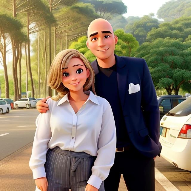 Uma mulher sorridente de cabelos cacheados, usando saia junto com um homem careca num estacionamento