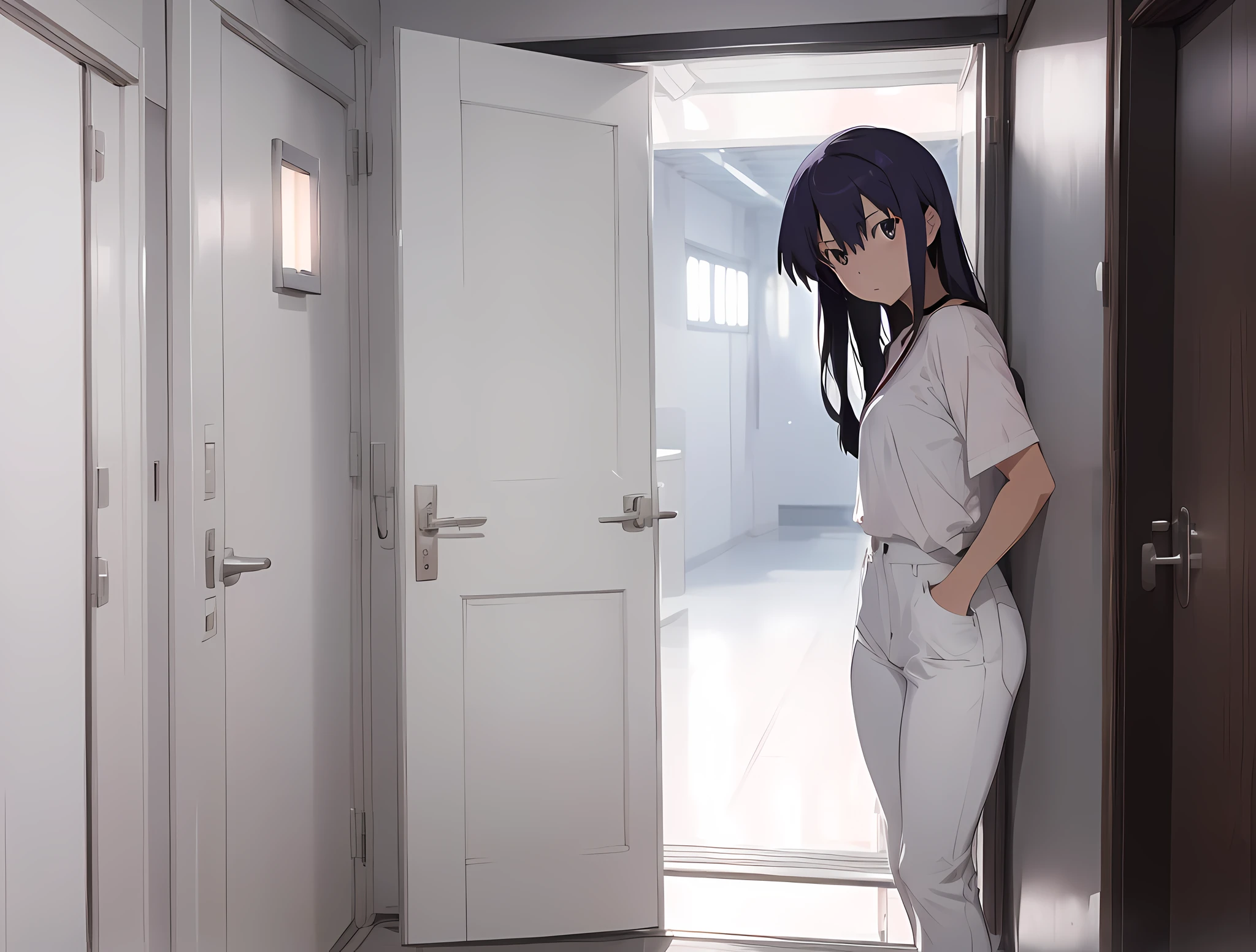 Woman in white shirt and black pants standing in front of the door, Kusanagi, from evangelion, absurdres, high res, ultrasharp, 8K, masterpiece