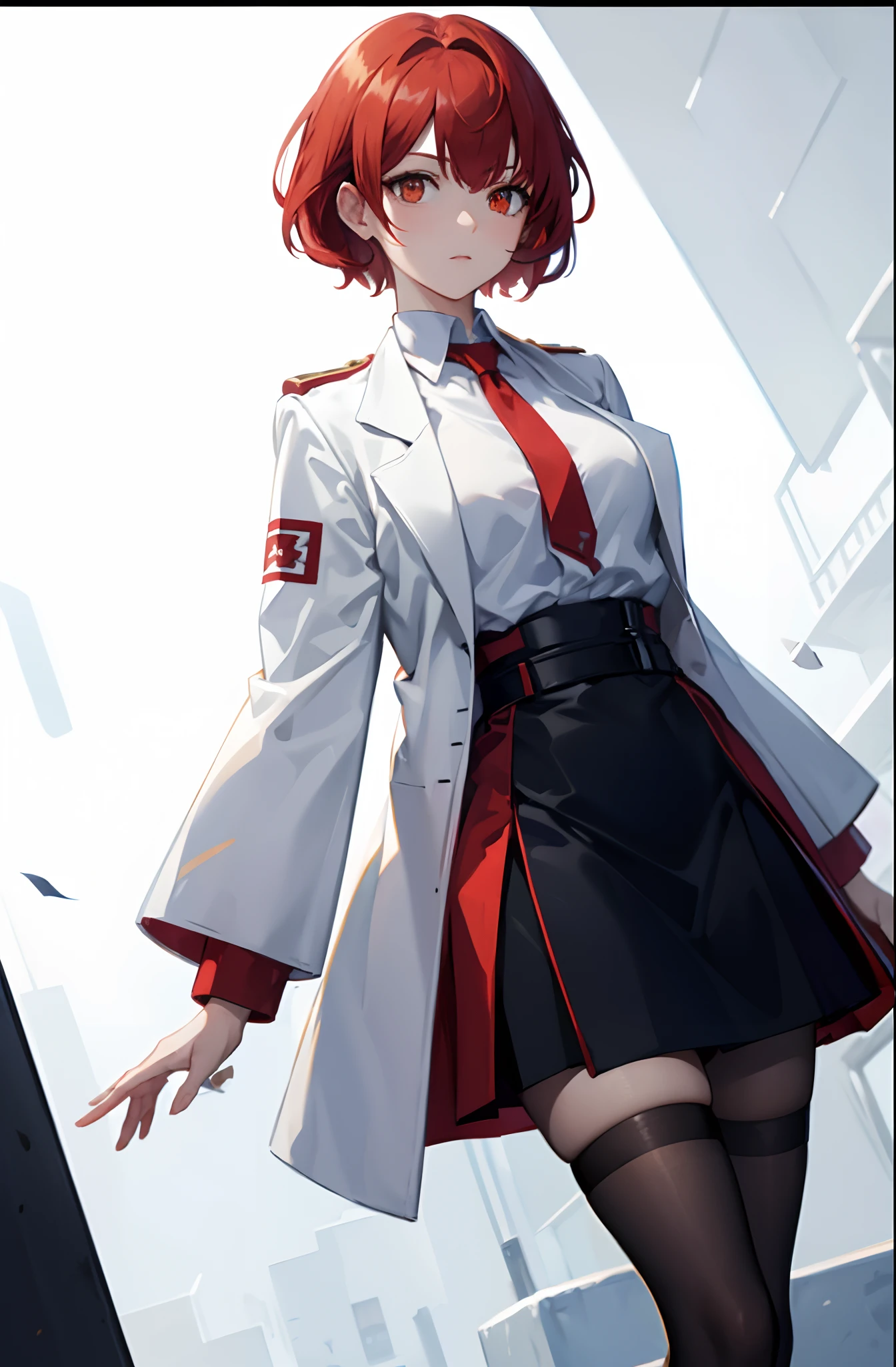 1woman, short red hair, golden eyes, white lab coat, blue shirt, black skirt, red tights, standing on ground, high res, ultra sharp, 8K, masterpiece