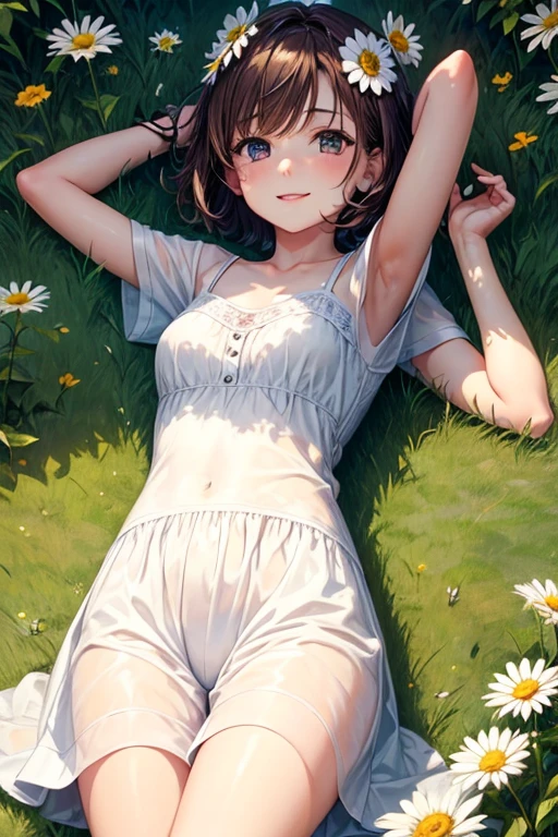 nude girl, short hair, brown hair, daisy charm on head, lying on grass, smiling, cute face, cute eyes, young, arms behind head, lying, outside on grass, nature, field