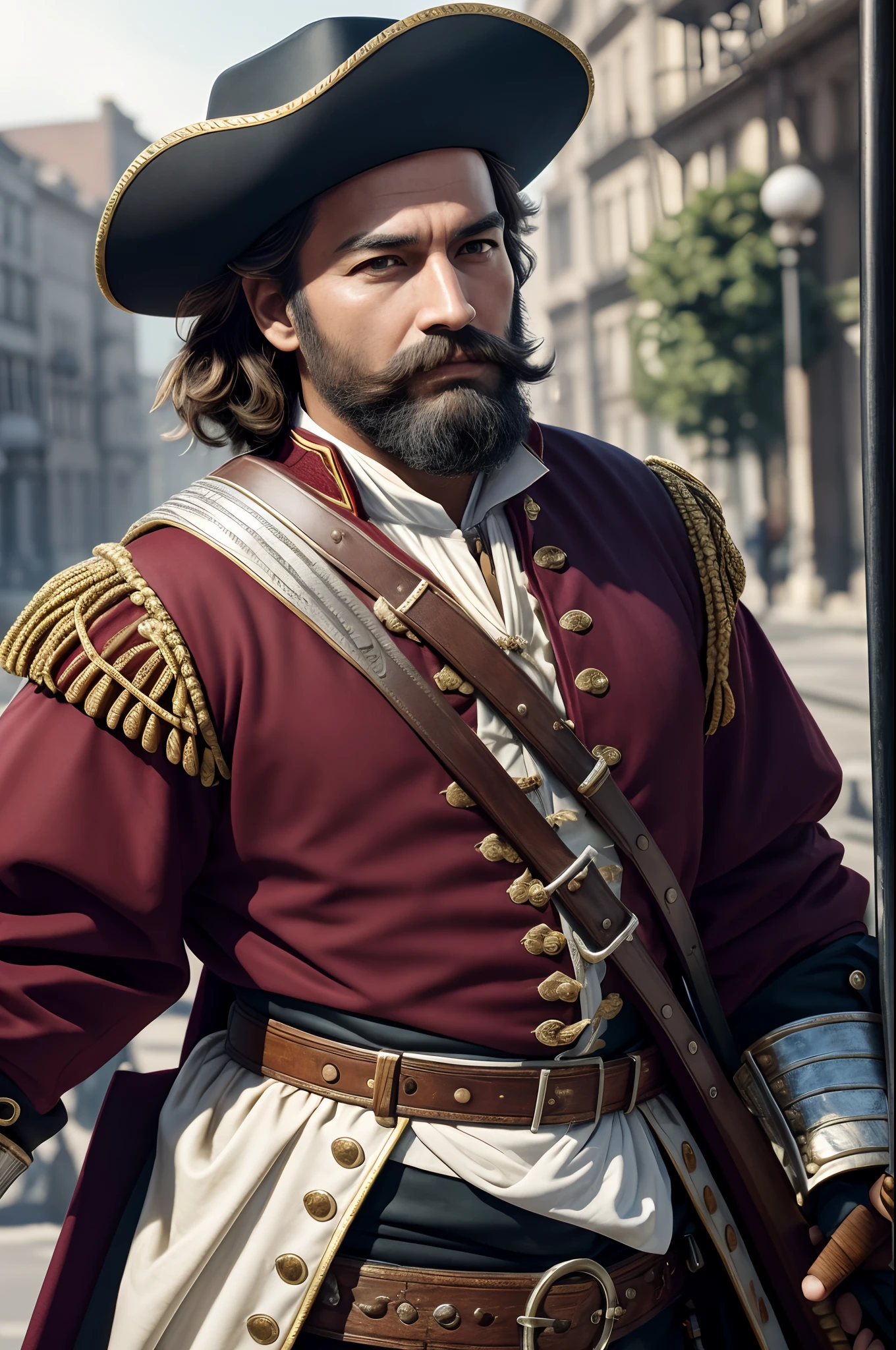 (bright colours,bright colours), (Best Quality, hight resolution), baroque, Orus, Brave Musketeer, with musket, Ceremonial uniform, full-length portrait, Mustachioed and bearded man, Silver Warrior, city street , 18th century, Photorealistic, photo, Masterpiece, Realistic, 真实感, photo realism, High contrast, photorealistic digital art is trending on Artstation 8k HD HD, Detailed, realisti, detailed skin texture, Ultra-detailed, realistic skin texture, Fittings, beste-Qualit, extra high resolution, (Photorealistic: 1.4),, hight resolution, Detailed, RAW photo, abrupt repetition, Nikon D850 Film Stock Photo 4 Kodak Portra 400 camera with F1 lens.6 Rich colors, hyper realistic texture, Impressive lighting, Unreal quality on the ArtStation Cinestill 800,