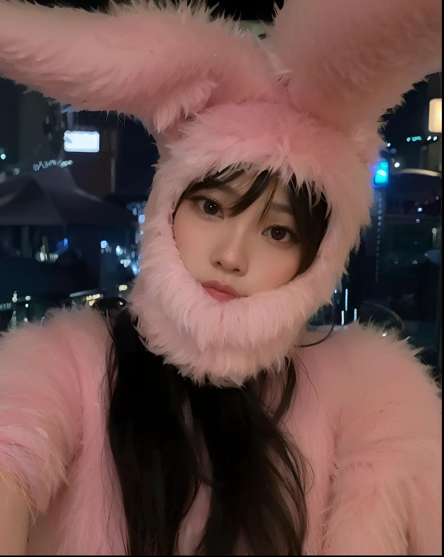 Araffe wearing a pink furry bunny costume with a black scarf, vestindo uma fantasia de coelho rosa, vestindo um terno de coelho, terno de coelho, with long floppy rabbit ears, com orelhas de coelho, Lalisa Manoban do Blackpink, Lalisa Manobal, o coelhinho tem pelo rosa, tzuyu de duas vezes, jossi do blackpink, Jisoo do Blackpink
