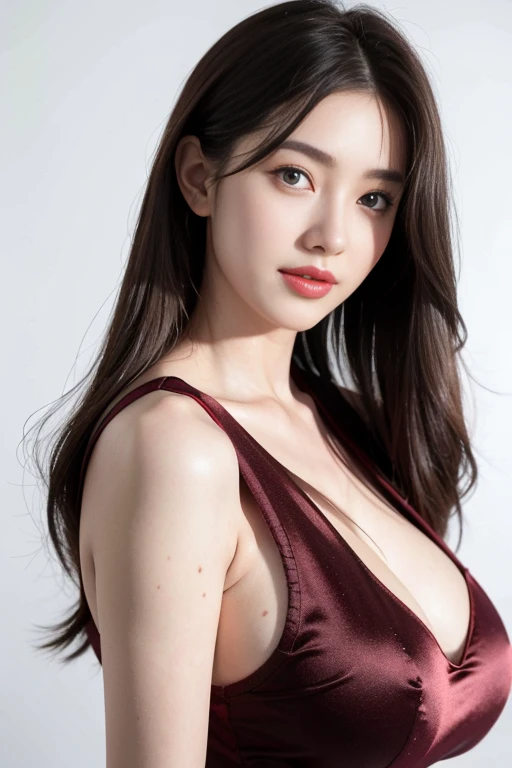 1girl in,Sleeveless burgundy dress,White background,Lifelike face、Longhaire、Realistic hair quality、brawn hair、detaileds、masuter piece、realistic skin textures、bangss、A slight smil、big breasts