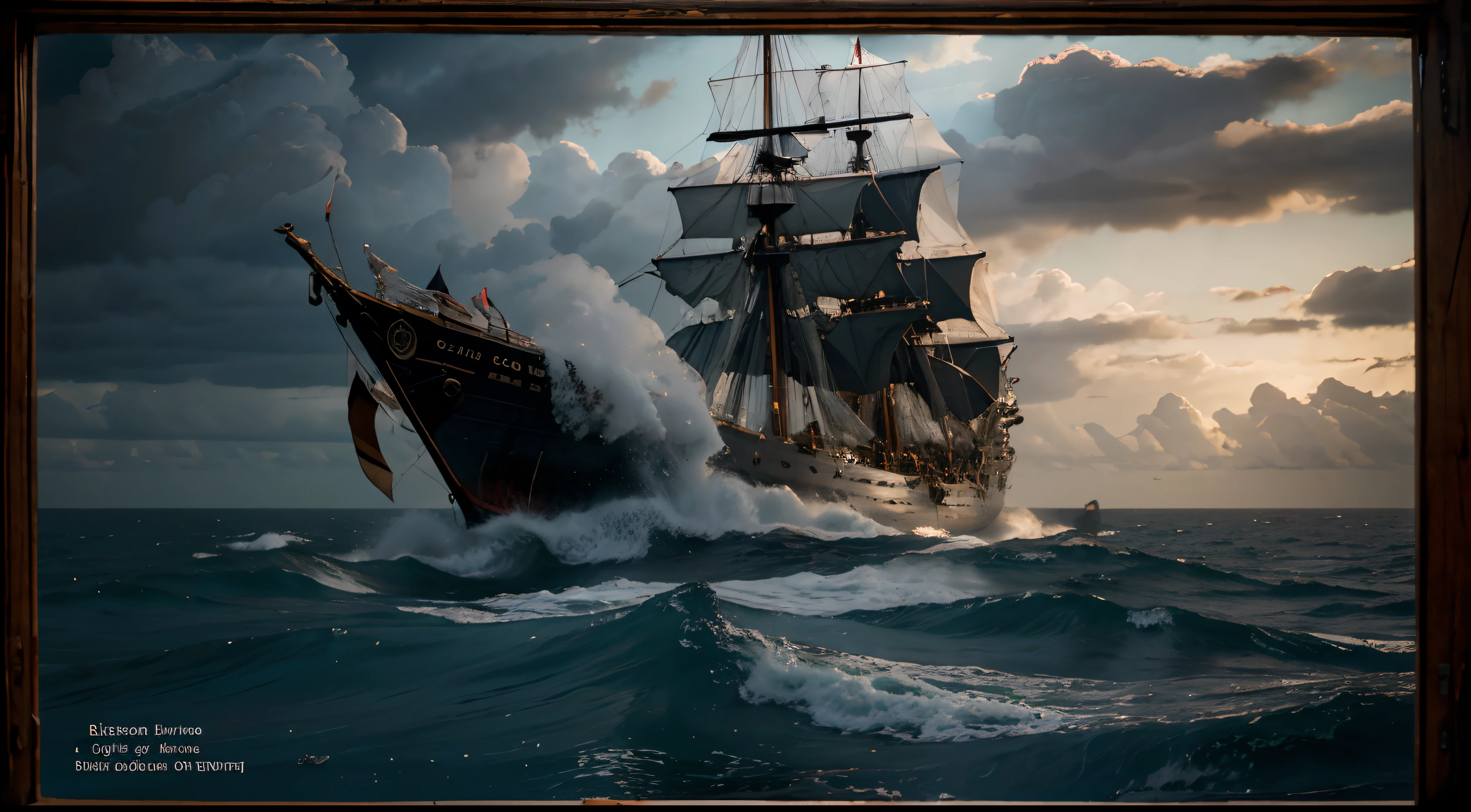 a window looking out on a rough ocean, 16th-century warship on the horizon, film style, HD 4K): highres, ultra-detailed, realistic, window, rough ocean waves, stormy sea, turbulent waters, crashing waves, foamy waves, fierce winds, 16th-century warship, distant silhouette, towering masts, billowing sails, historical vessel, dramatic lighting, cinematic atmosphere, intense colors, dramatic composition