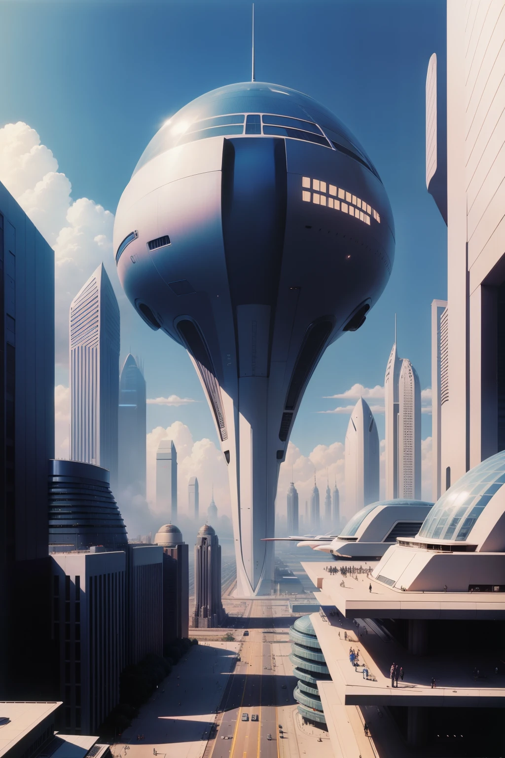 Aerodynamic futuristic city, retro 1980s style