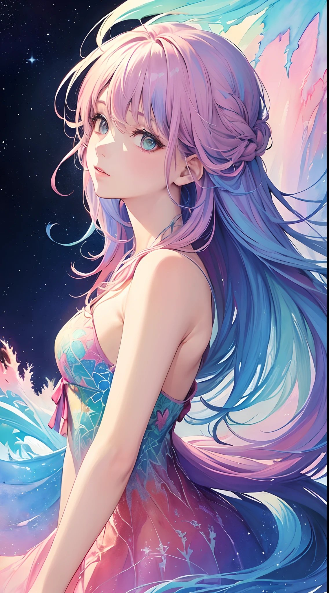 (masterpiece, top quality, best quality,watercolor (medium),official art, beautiful and aesthetic:1.2),(1girl:1.3), (fractal art:1.3),upper body, from side, looking at viewer,patterns,(rainbow color Hair,colorful hair,half blue and half pink hair:1.2),water,liquid, cloud,colorful, starry,stars,