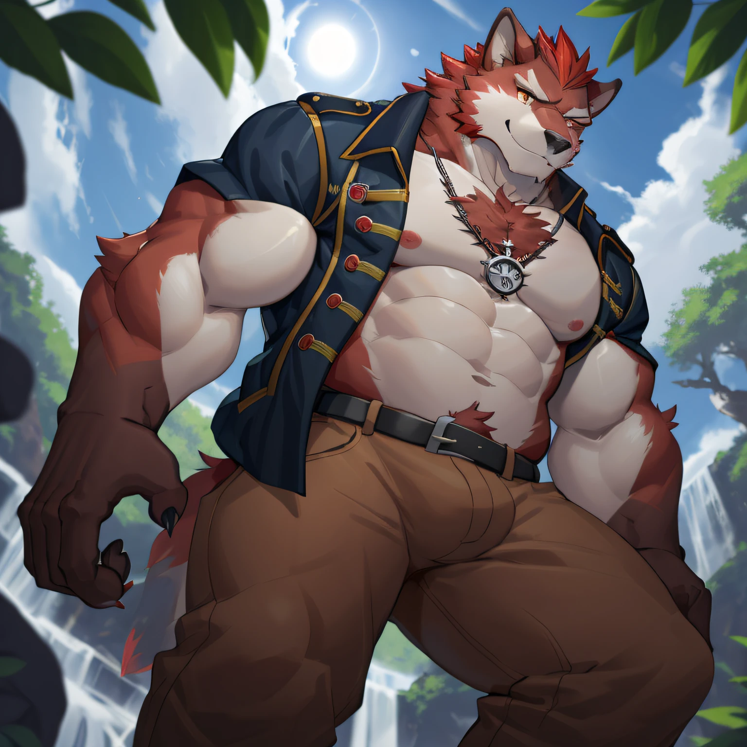 (admiral jacket:1.3), (election in brown bottomwear:1.2), detailed waterfall background, (red pubic hair), (low angle shot:1.5), detailed brown hands, detailed brown 5 fingers ,  anime style, detailed CG, masterpiece, best quality,  (by lindong, null-ghost), detailed orange eyes, look down, testicle, male, fat wolf , fat shy face, solo, diederich olsen (knights college),  (necklace), muscular, kemono, fluffy, (red chest fur), paws, claws, red fur, white fur,  sharp shadows,  shaded,  digital flat colors