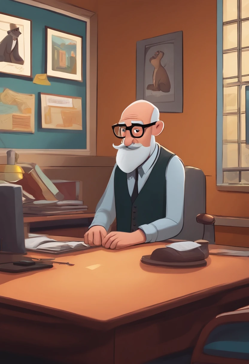a pixar-style cartoon character, a 40-year-old thin man, with gray and bald hair, a gray beard , inside a school board office in the UP ALTAS AVENTURAS style