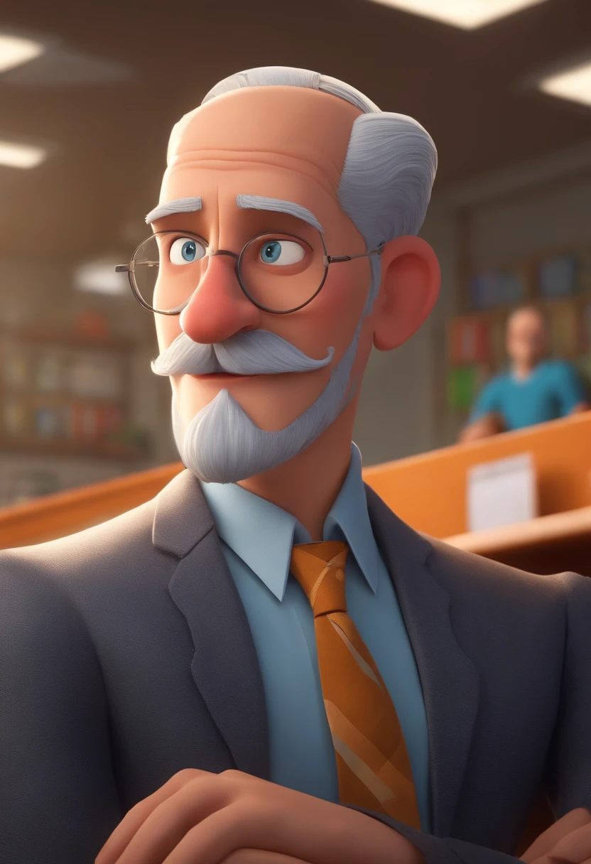 a pixar-style cartoon character, a 30-year-old thin man, with gray and bald hair, a gray beard ,and a round face inside a school board office in the UP ALTAS AVENTURAS style