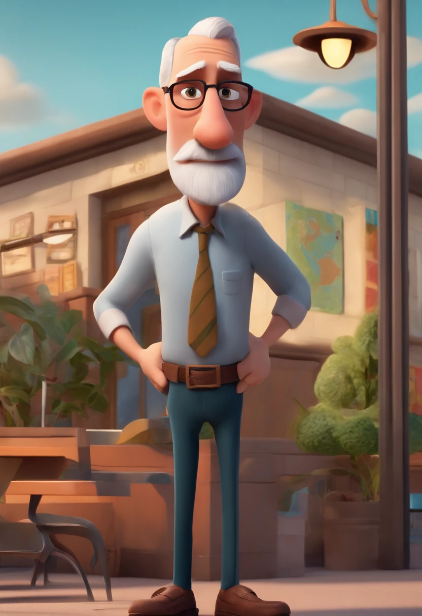 a pixar-style cartoon character, a 30-year-old thin man, with gray and bald hair, a gray beard ,and a round face inside a school board office in the UP ALTAS AVENTURAS style