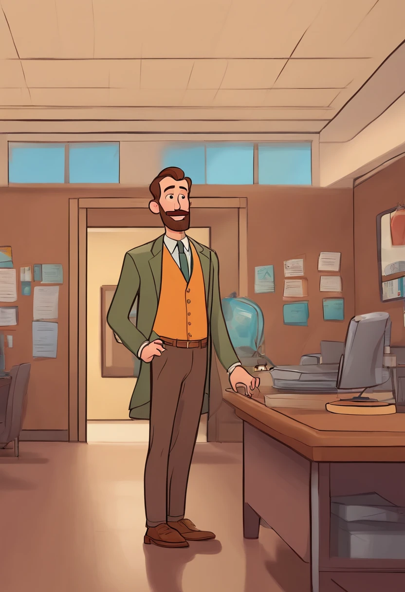 a pixar-style cartoon character, a 30-year-old thin man, with brown and bald hair, a brown beard ,and a round face inside a school board office in the UP ALTAS AVENTURAS style using no glasses