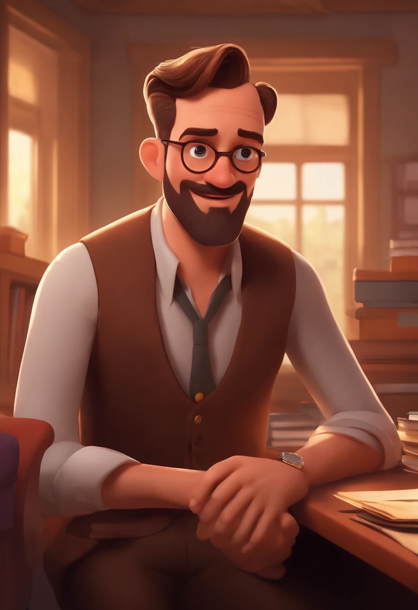 a pixar-style cartoon character, a 30-year-old thin man, with brown and bald hair, a brown beard ,and a round face inside a school board office in the UP ALTAS AVENTURAS style using no glasses